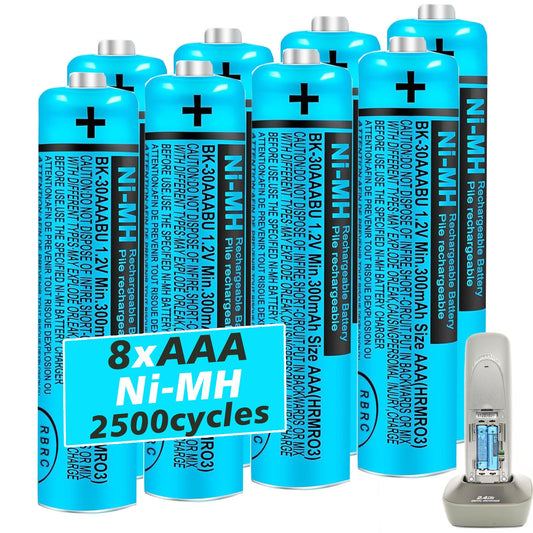 HIECTPRO BK-30AAABU NI-MH AAA Rechargeable Battery 1.2V 300mah 8Pack AAA NiMH Batteries for Panasonic Cordless Phones, Remote Controls, Electronics