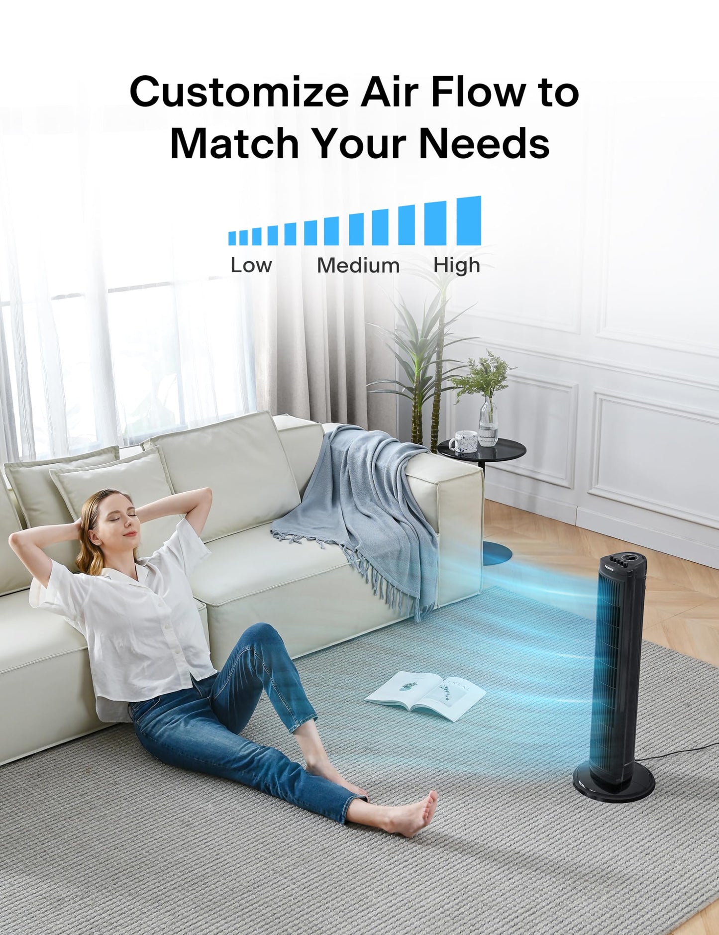 PELONIS 30 Inch Tower Fan for Bedroom, Quiet Oscillating Standing Fan with 3 Speeds, Portable Cooling Fan for Home Office Dorm Room, Auto-off Timer