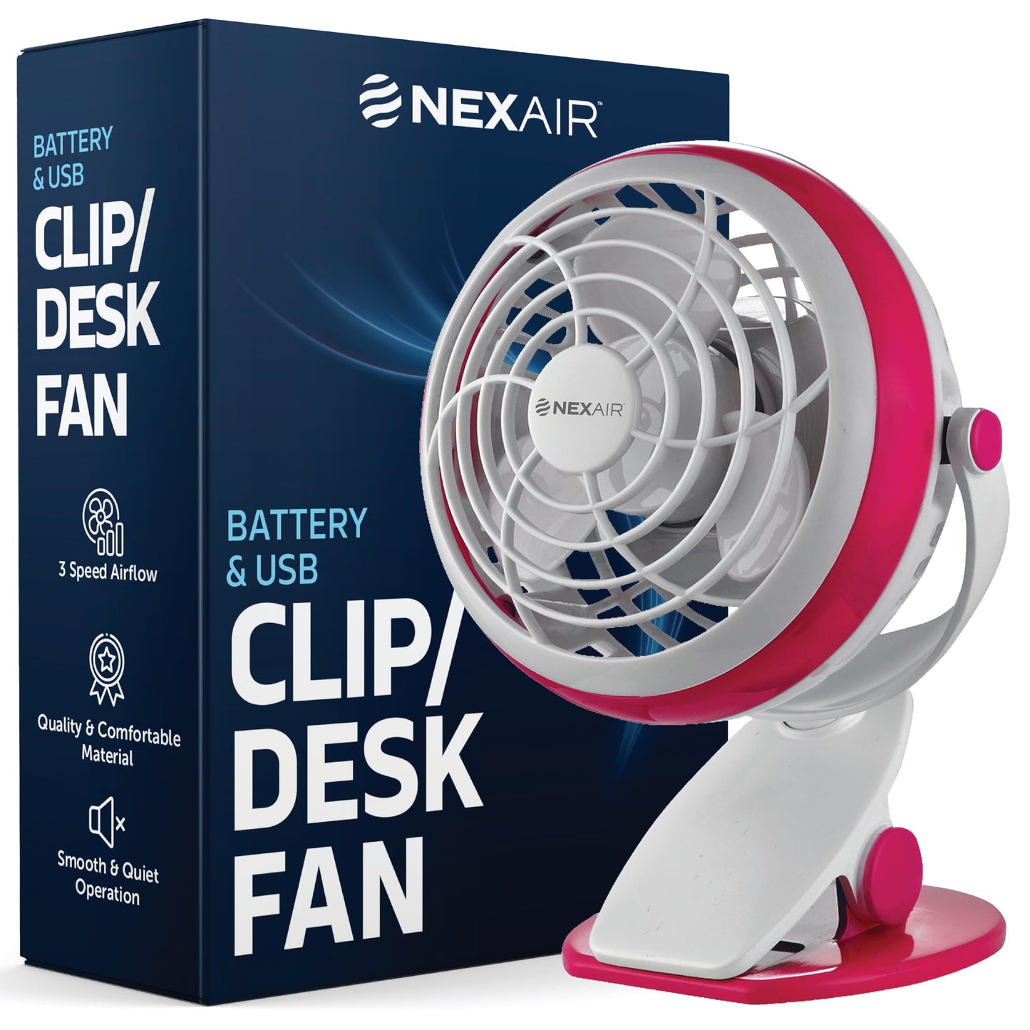 NEXAIR 4” Clip-On or Desk Fan - USB & Battery Powered, Portable 4-Inch Personal Fan with Adjustable Tilt, Lightweight Single-Speed Cooling for Home
