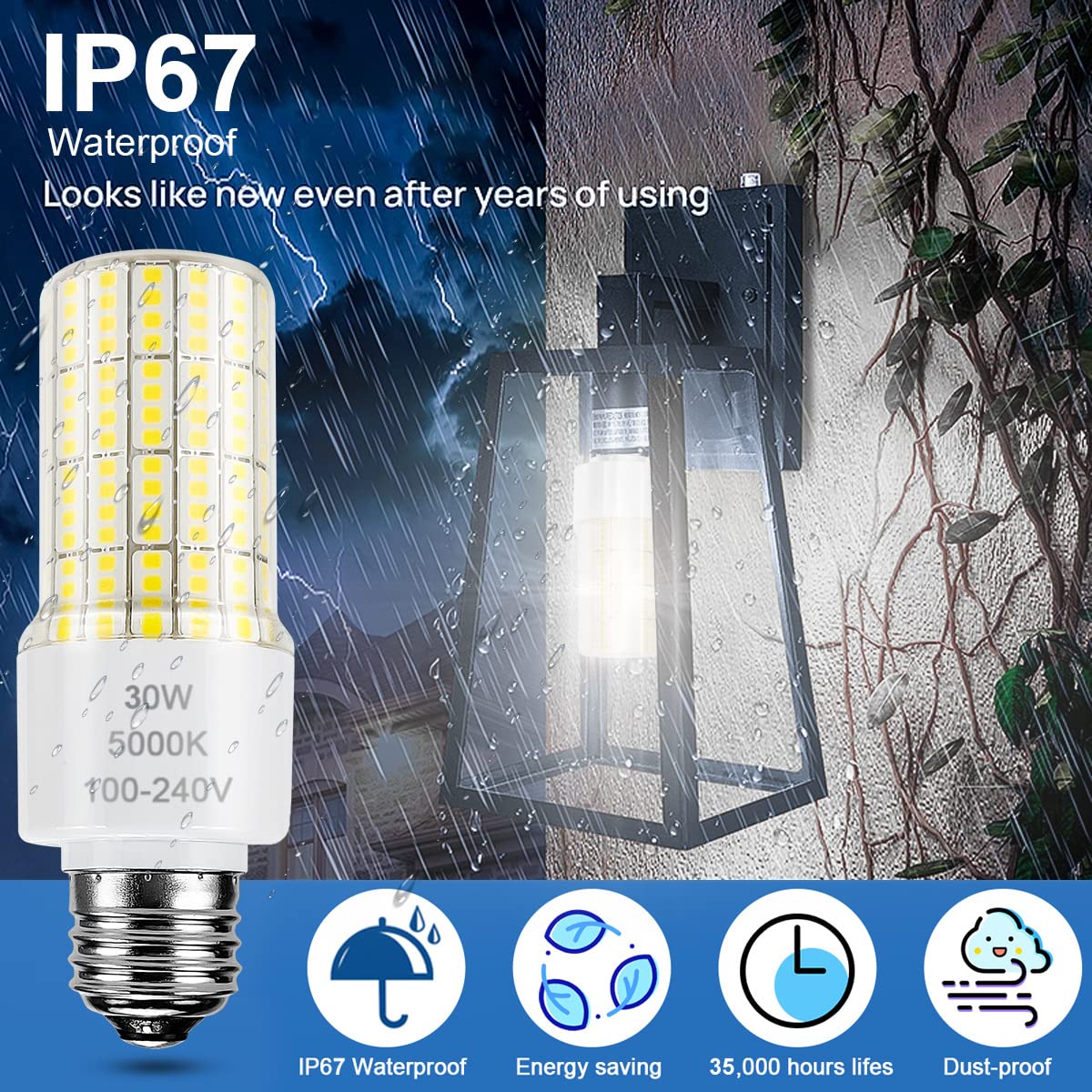2 Pack Led Light Bulb Equivalent 250w Led bulbs 3750 Lumen 5000K Cool Daylight White 30W Waterproof Led Corn Light bulb E26/E27 Medium Base light bulb
