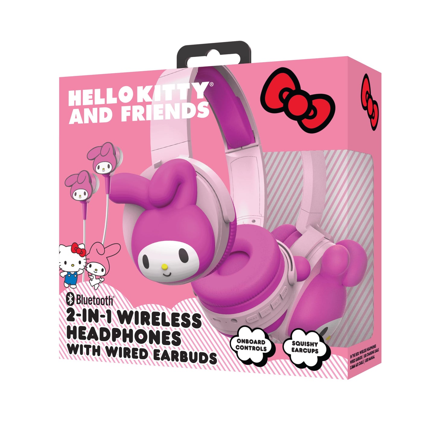 Hello Kitty 2-in-1 Wireless Bluetooth Headphones with Wired Earbuds - Foldable Over-Ear Headset with Built-in Mic, AUX Cable, Adjustable Headband,