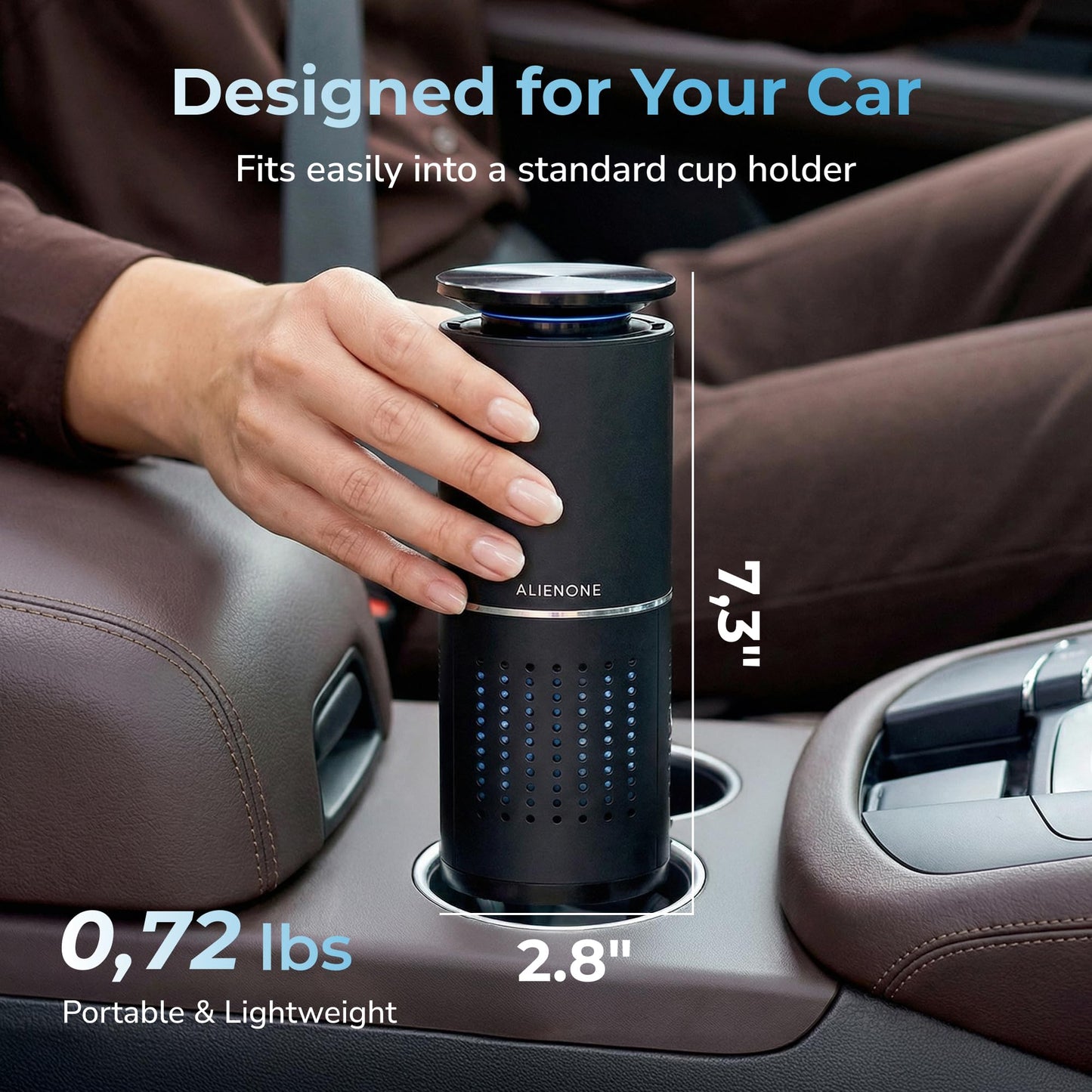 ALIENONE Car Air Purifier AP-C1-D, H13 True HEPA Filter, 3-in-1 Filtration System, 360° Air Intake, Whisper-Quiet, One-Touch Operation, Compact Cup