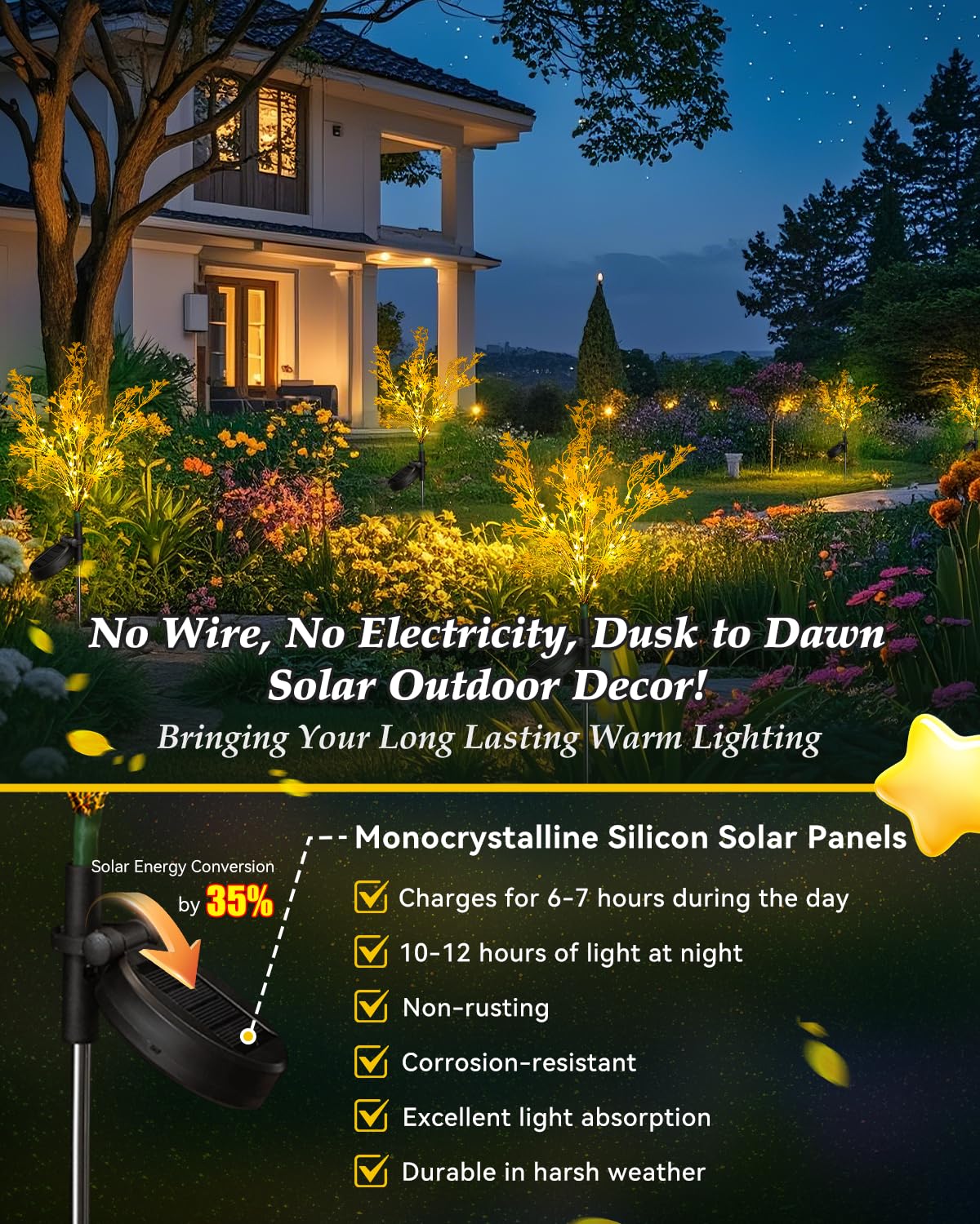 Neporal Garden Solar Lights Outdoor Waterproof IP65 4 Pack, 7-Stems Dusk to Dawn Golden Solar Flowers, Bigger Solar Panel for Garden,Yard, Patio