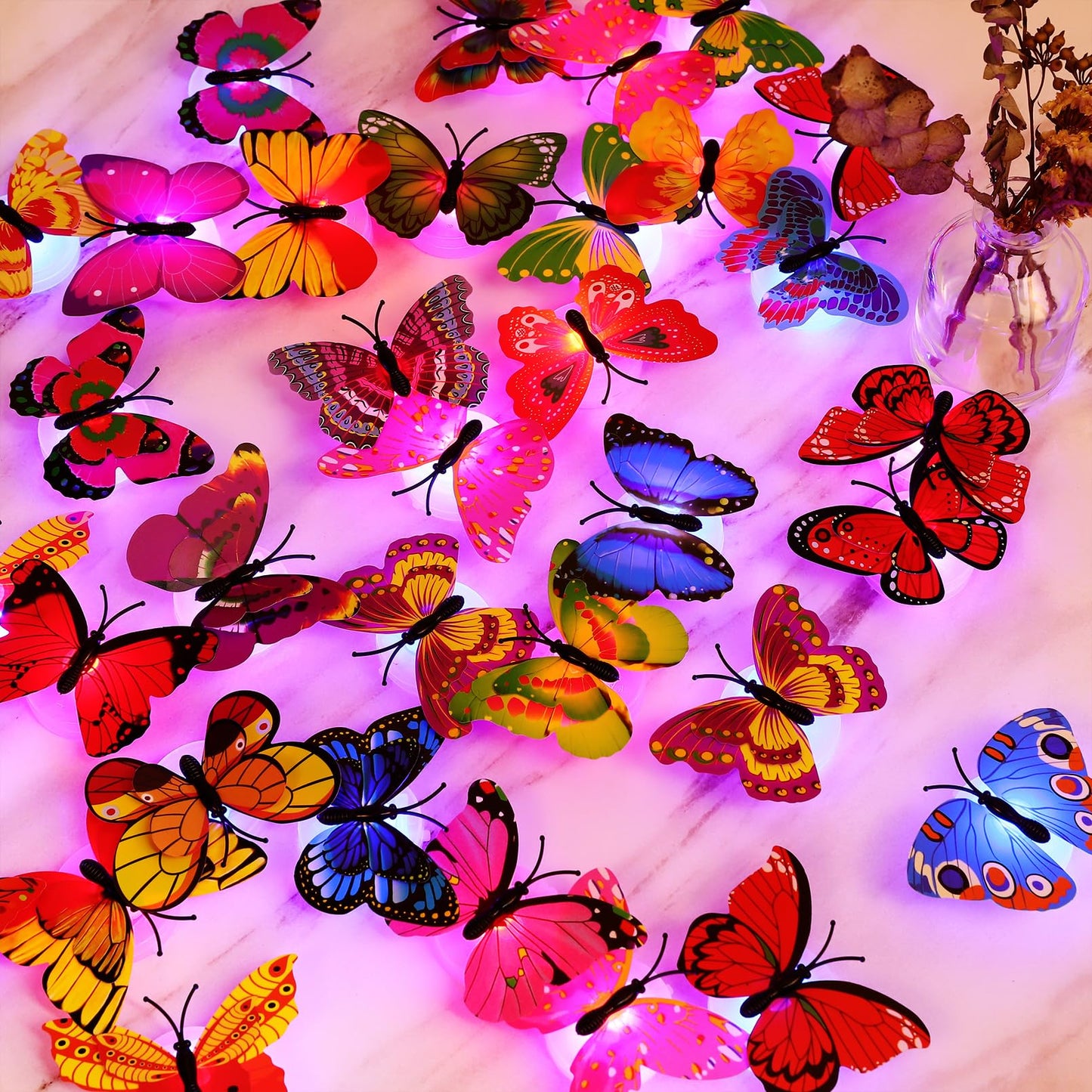 Blcculi 48 Pcs 3D LED Butterfly Decoration - Night Light Sticker Butterflies, Wall Light for Bedroom, Garden, Backyard, Lawn, Party