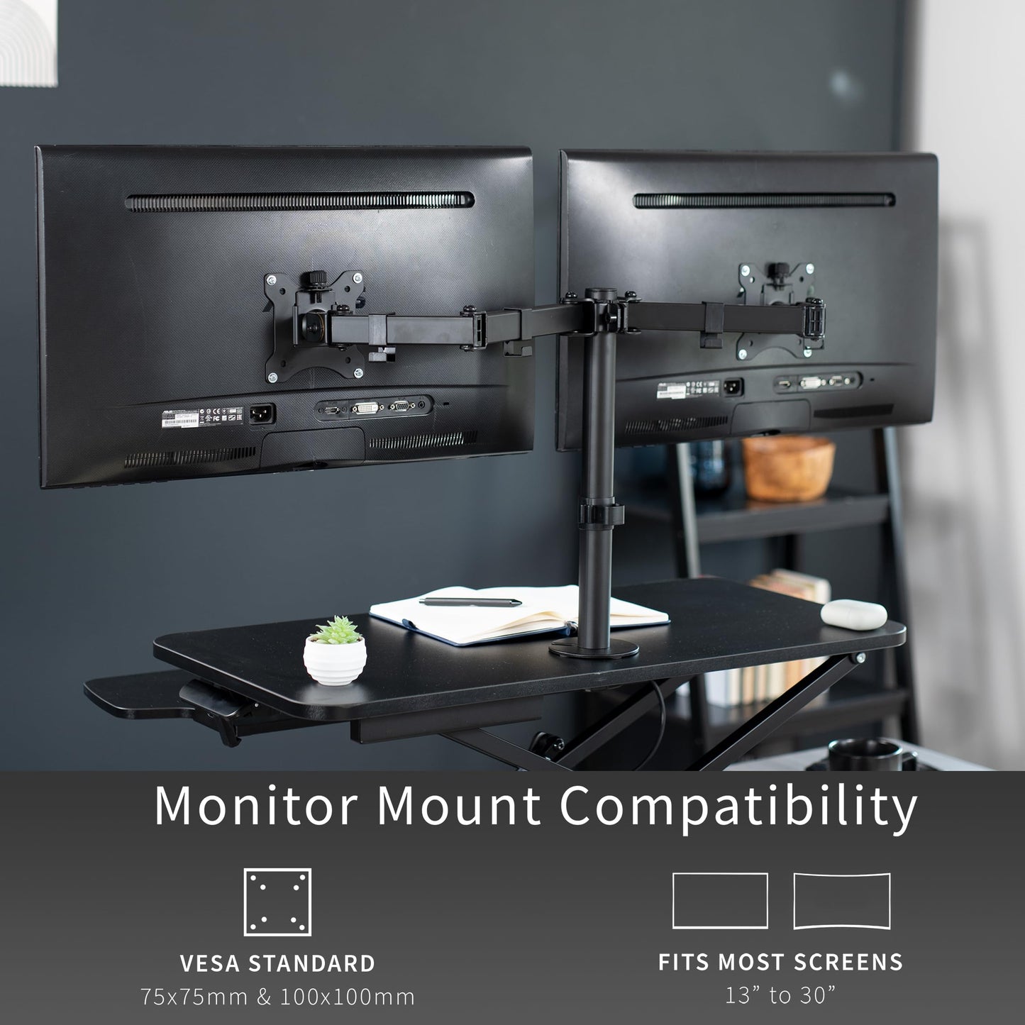 VIVO Height Adjustable 32 inch Standing Desk Converter with Dual 13 to 30 inch Monitor Stand, Sit Stand Monitor Mount and Desk Riser, Black