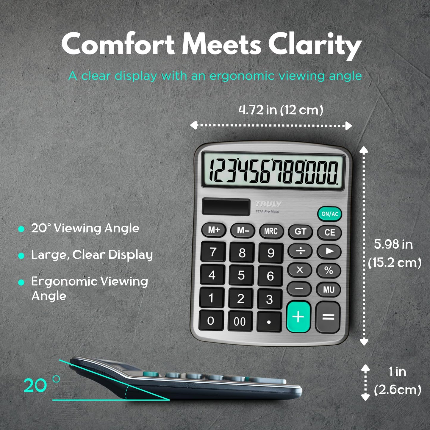 TRULY 12 Digits Desktop Calculator with Large LCD Display and Sensitive Button, Dual Solar Power and Battery, Standard Function for Office, Home