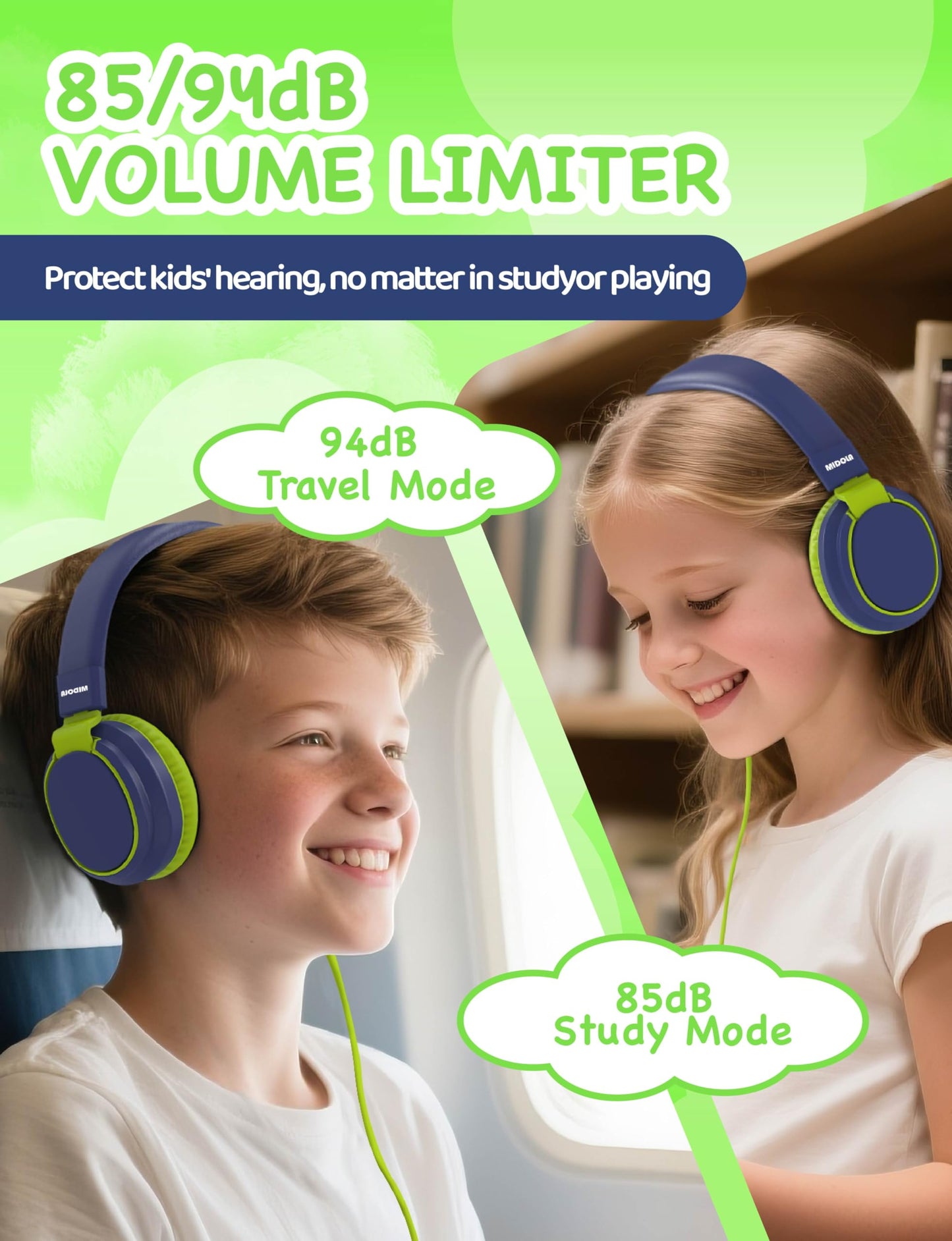 MIDOLA Volume Limited 85/110dB Kids Headphone Over-Ear/On-Ear Foldable Sound Noise Protection Headset with Inline AUX 3.5mm Cord w/Mic for Child…