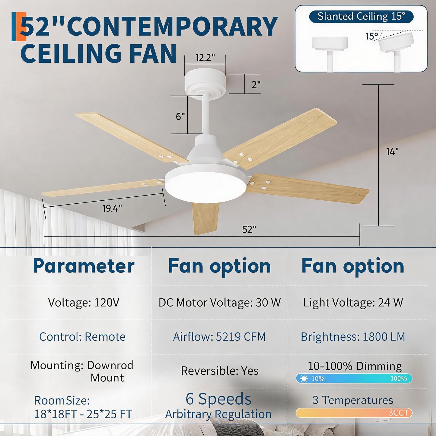 JustSmart 52 inch Ceiling Fans with Light and Remote Control