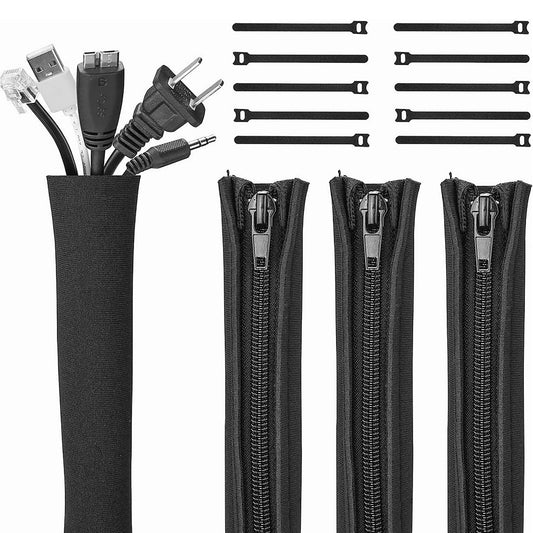 Gobelieve 4-Pack Cable Management Sleeve with 10 Cable Clips for Wires, Nylon Zipper Tie for Desk Wire Organization, Adjustable Computer Cord Cover