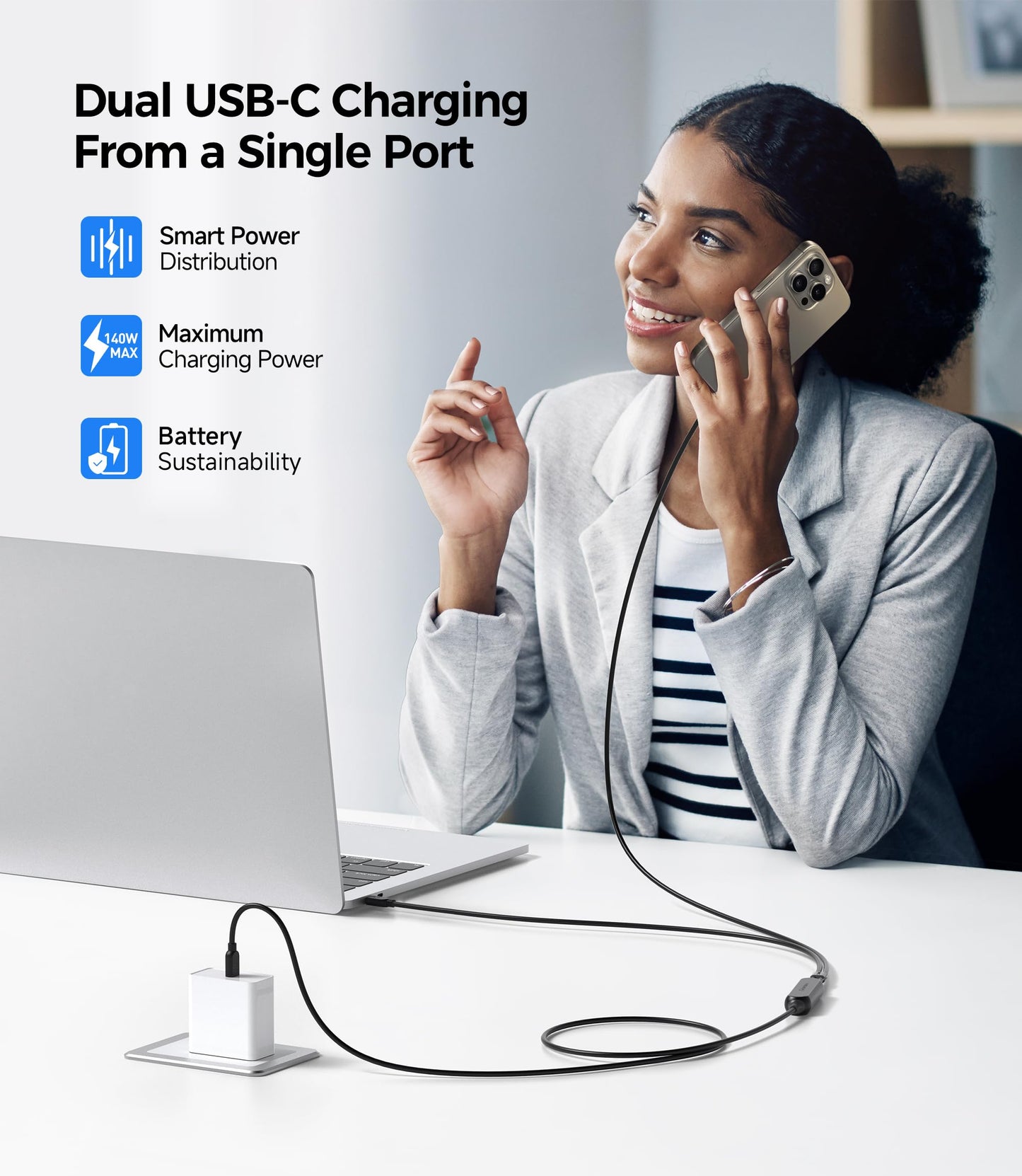Cable Matters Braided 2-in-1 USB C to USB C Cable - 6ft, 140W Smart Power Allocation for Laptops and Phones, Supports Charging & Data Transfer, USBC