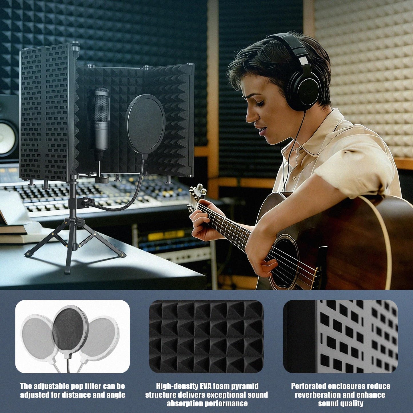 Professional Studio Recording Microphone Isolation Shield With Standing & Desktop,High Density Mic Sound Shield for Recording Studio, Podcasts