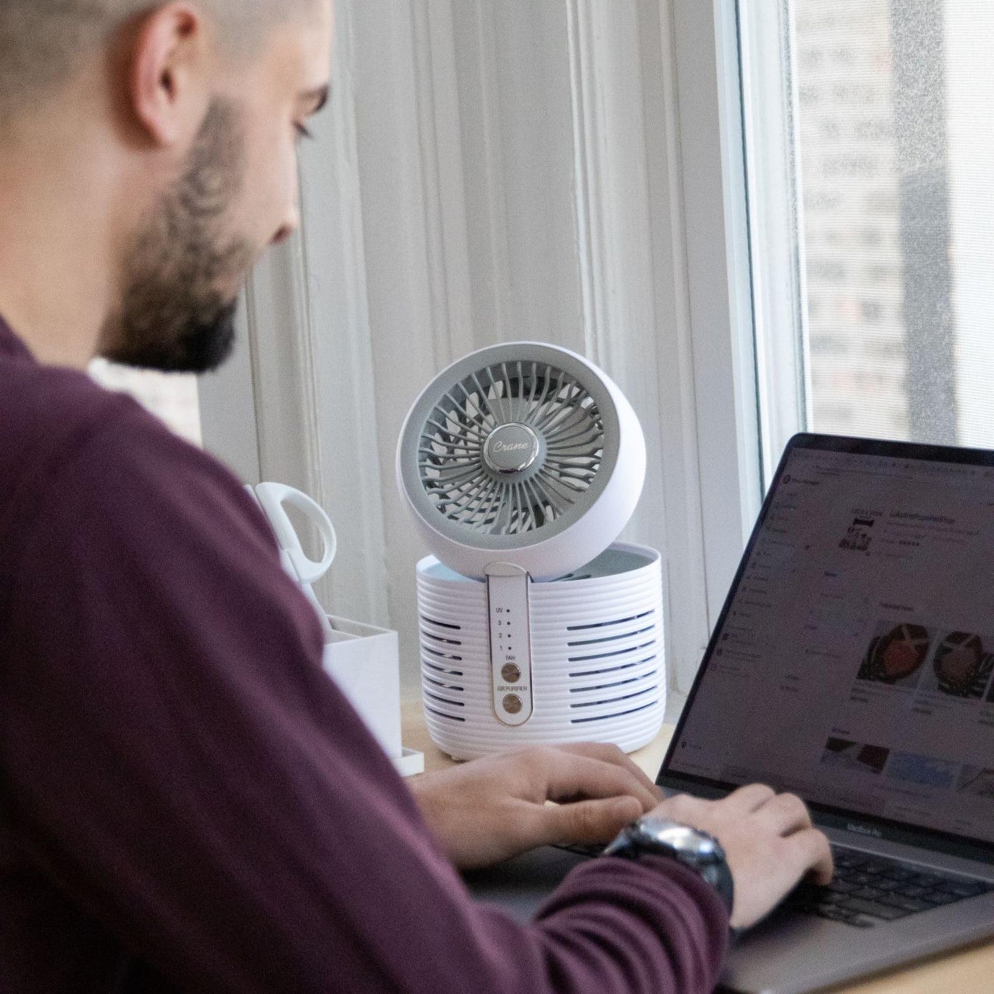 Crane 2-in-1 Air Purifier and Desk Fan, Fan and Air Purifier Combo, Ideal for Office Desk, Night Stand, Dorm, or Small Bedroom, Small HEPA Air