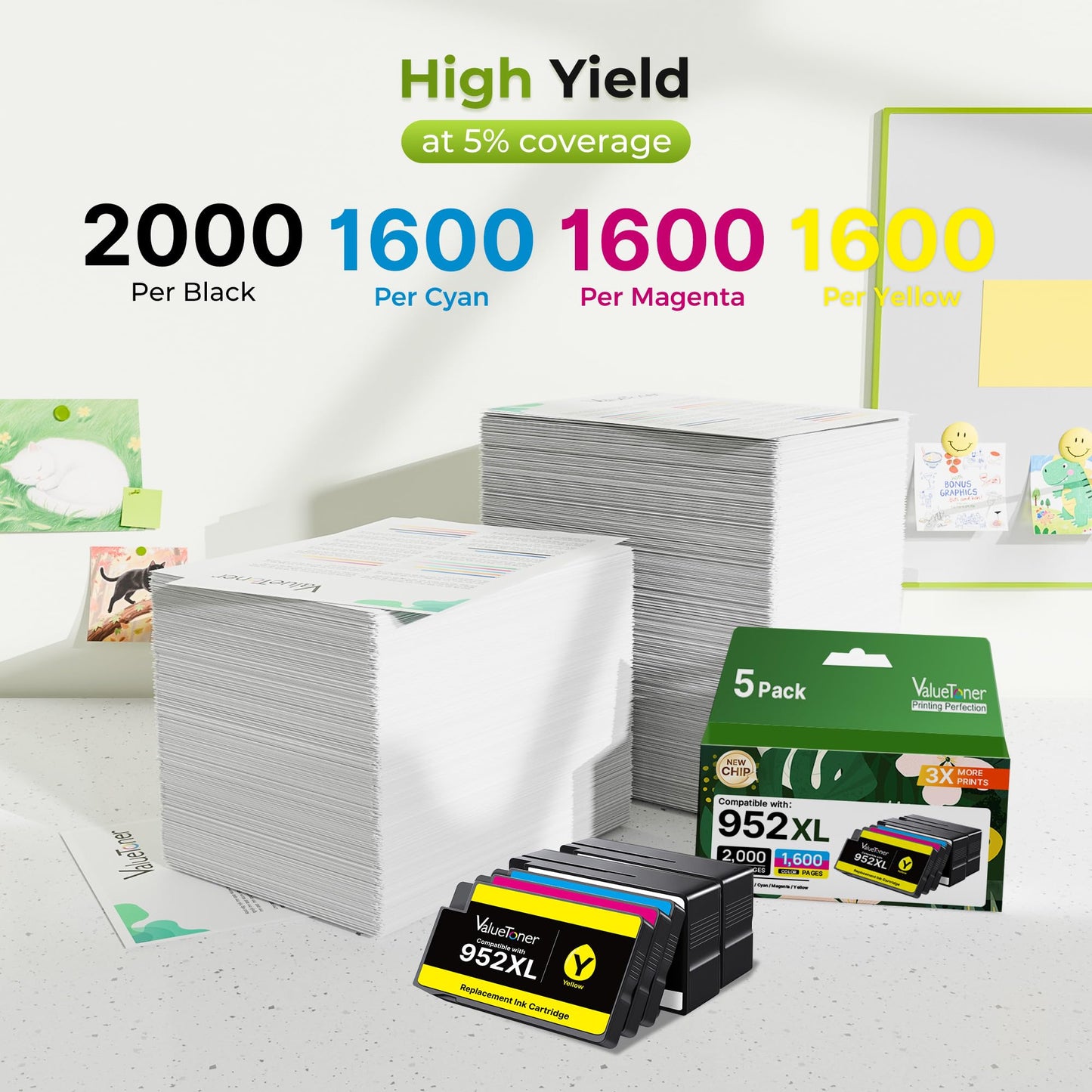 Valuetoner for HP 952XL Ink Cartridges Combo Pack HP952 HP952XL (5-Pack) Replacement for HP 952 XL Ink Cartridges for HP Printers OfficeJet Pro 8710