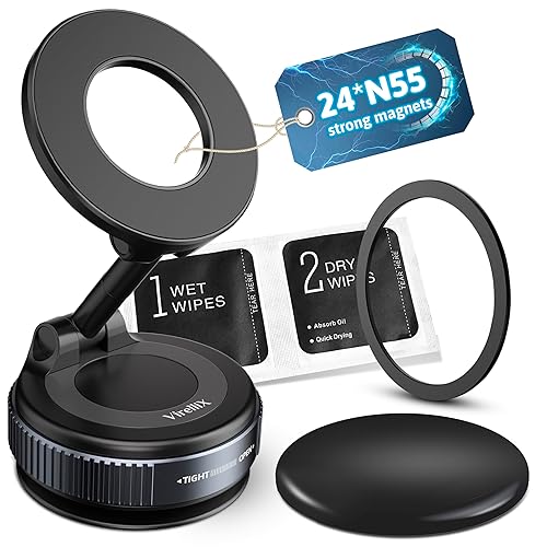 Virellix Magnetic Car Mount, Magnetic Phone Holders for Your Car, Car Phone Holder for Magsafe[24 * N55 Strong Magnets], Suction Cup Phone Mount