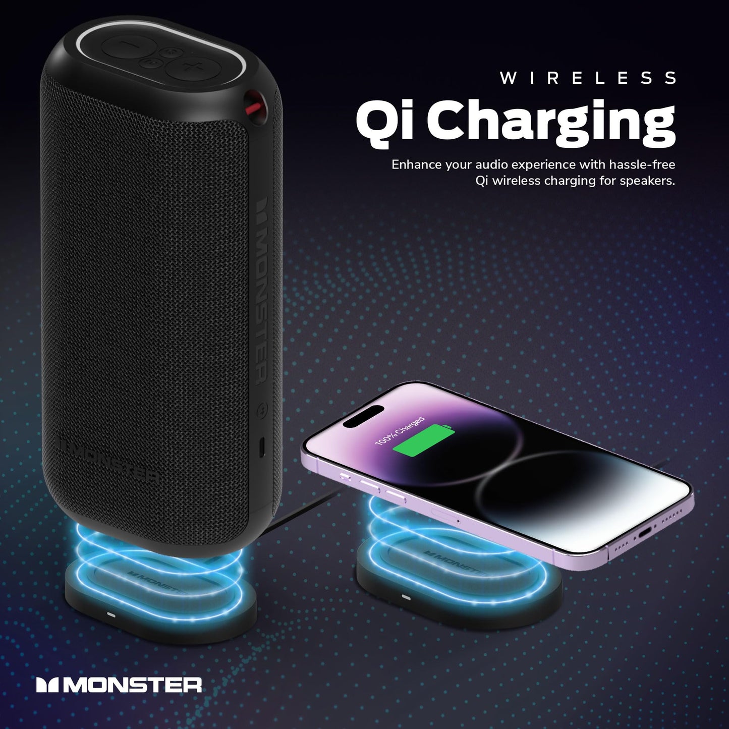 Monster DNA Max Portable Bluetooth Speaker, Loud Portable Speaker with 360 Bass Sound and 10W Qi Certified Wireless Charging Pad, IP67 Waterproof-