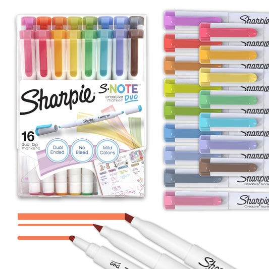 Sharpie S-Note Duo Dual-Tip Creative Highlighters, Assorted Mild Colors, No Bleed, Fine and Chisel Tips, Includes Stand-Up Easel, 16 Count
