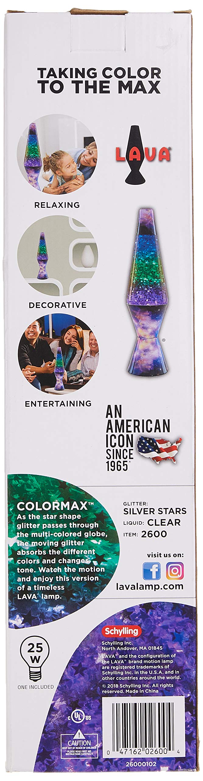 Lava Lamp 2600 Colormax Galaxy 14.5-inch, with Silver Glitter, Clear Liquid, Tri-Colored Globe, Galaxy Decal Base