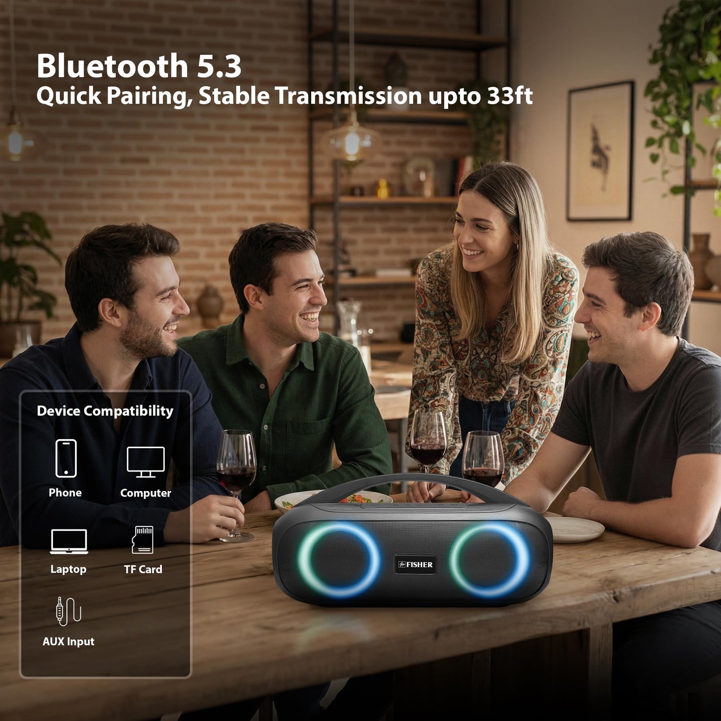 Fisher Portable Bluetooth Speakers, IPX5 Waterproof Speaker, 60W Peak Power Stereo Boombox HD Sound Bluetooth Speaker with RGB Lights, TWS, FM Radio