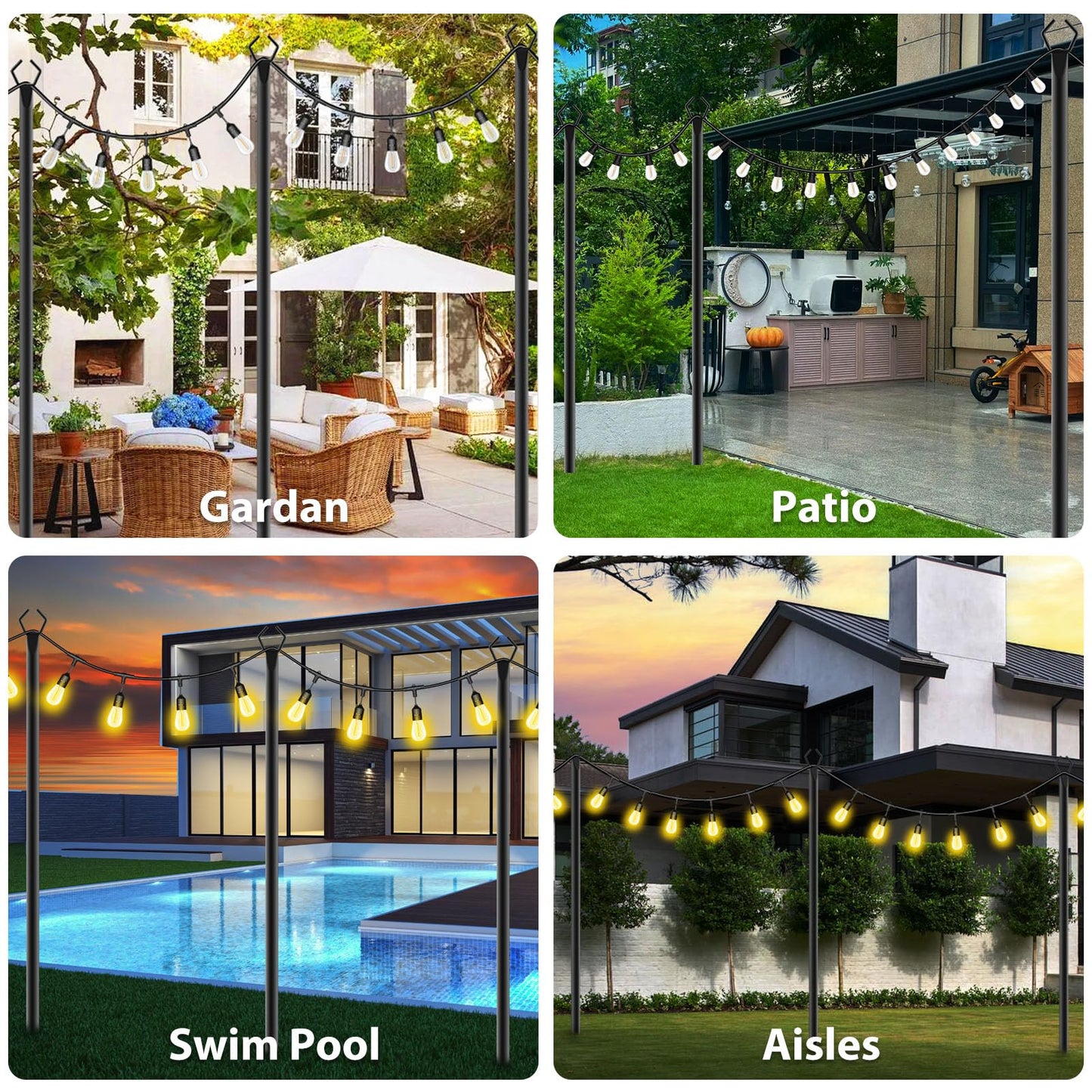 zoegi 4 Pack 10Ft String Light Poles,Light Poles for Outside Lights with Fork,Outdoor Brackets Hanging Lights,Metal Stand for Deck