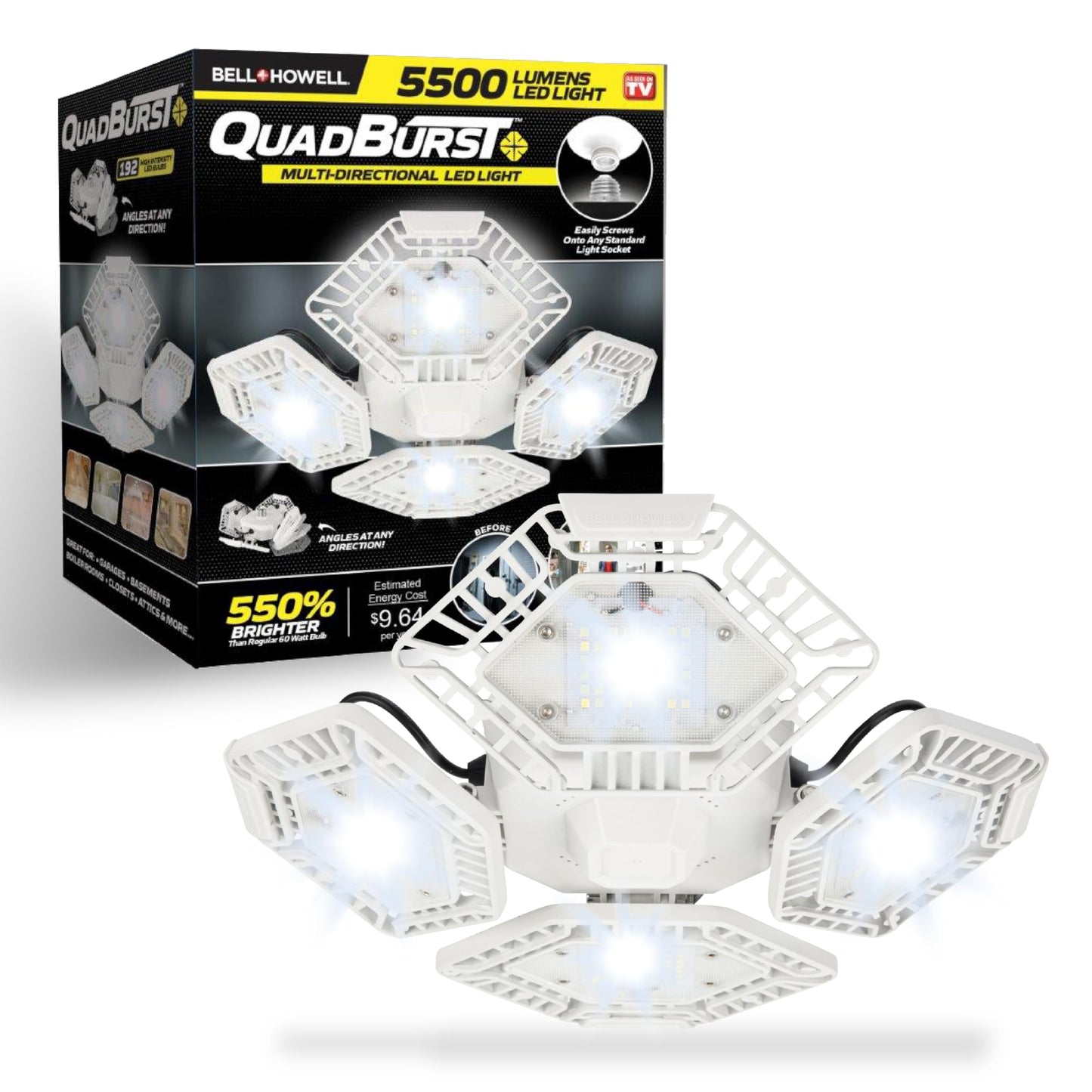 Bell+Howell QUADBURST LED Ceiling Light Bulbs 80W 5500 Lumens - 4 Aluminum Deformable Panels LED Shop Light Fixture for Indoor, Bedroom, Garage