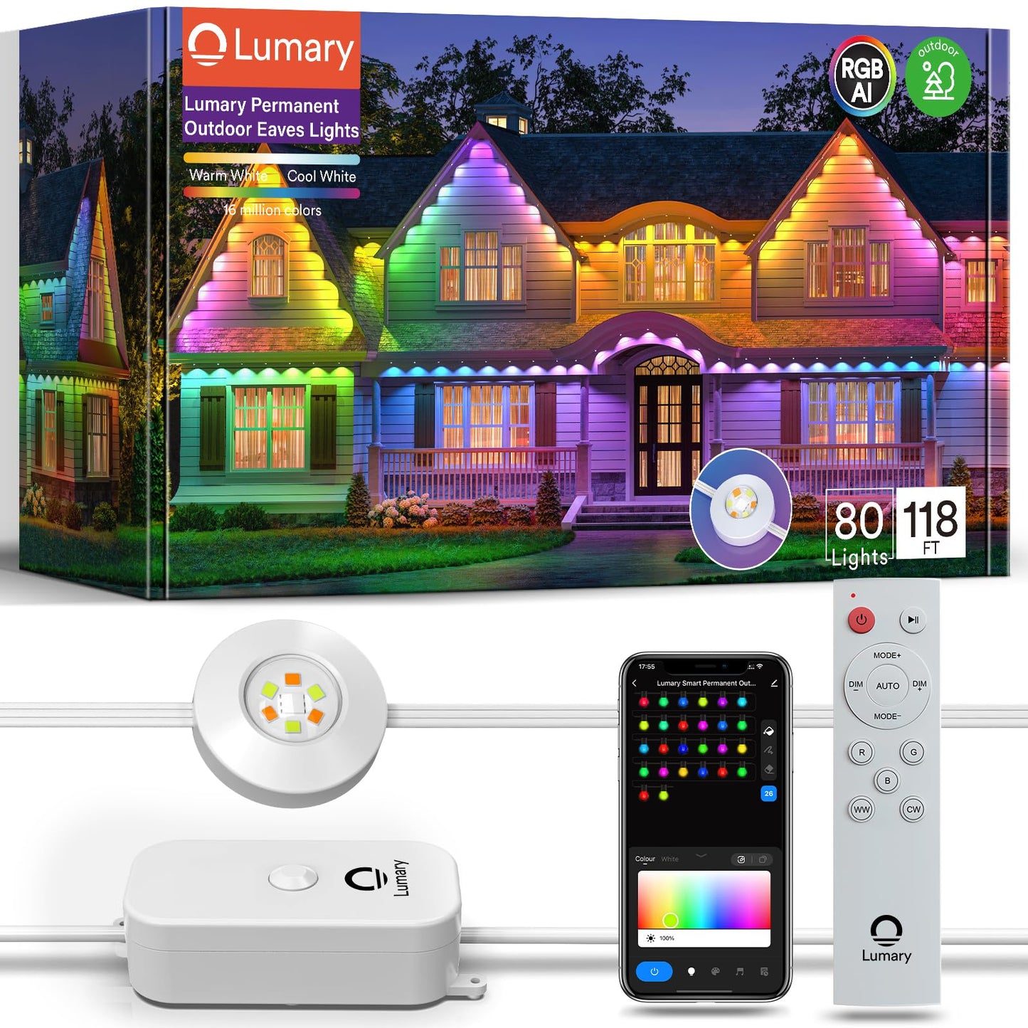 Lumary Permanent Outdoor Lights Pro 105ft with 80LED RGBAICW Smart Eave Light for Chirstmas, Work with Alexa Google IP67 Waterproof, Color Changing