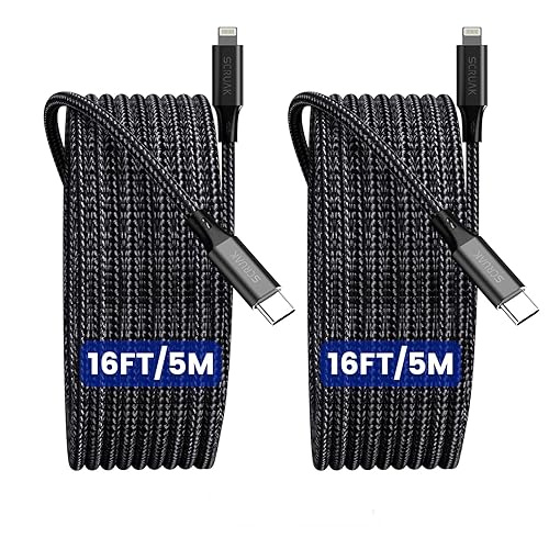 16FT Extra Long iPhone Charger Cord, 2-Pack SCRUAK [MFi Certified] 16 Ft USB C to Lightning Cable Fast Charging Nylon Braided iPhone Charger Cable…