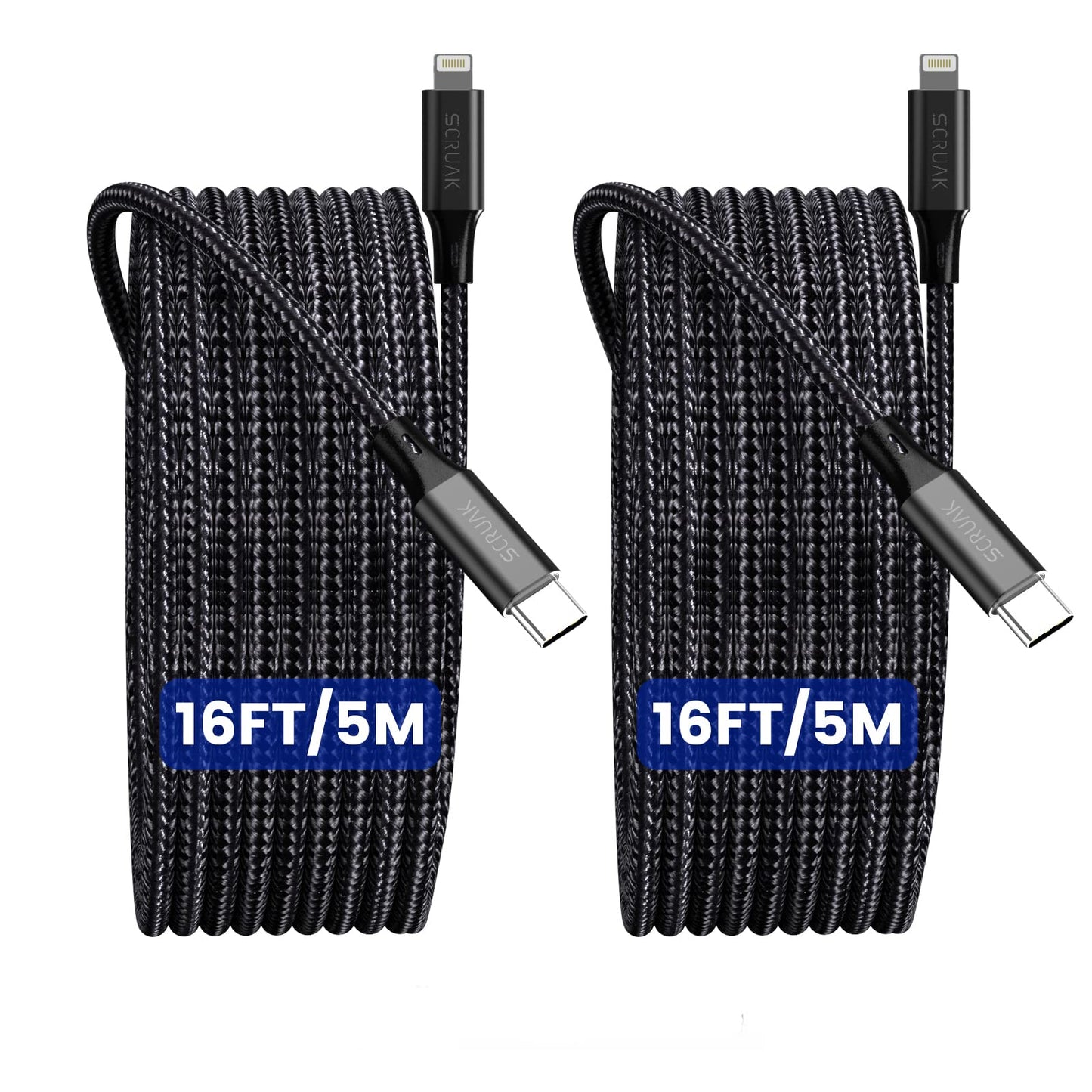 16FT Extra Long iPhone Charger Cord, 2-Pack SCRUAK [MFi Certified] 16 Ft USB C to Lightning Cable Fast Charging Nylon Braided iPhone Charger Cable…