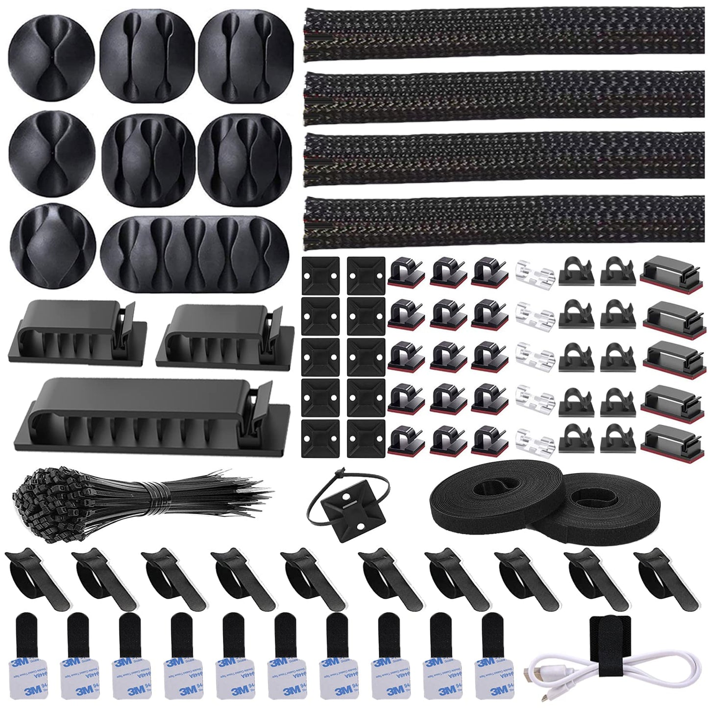 N NOROCME 192 PCS Cable Management Kit 4 Wire Organizer Sleeve,11 Cable Holder,35Cord Clips 10+2 Roll Cable Organizer Straps and 100 Fastening Cable