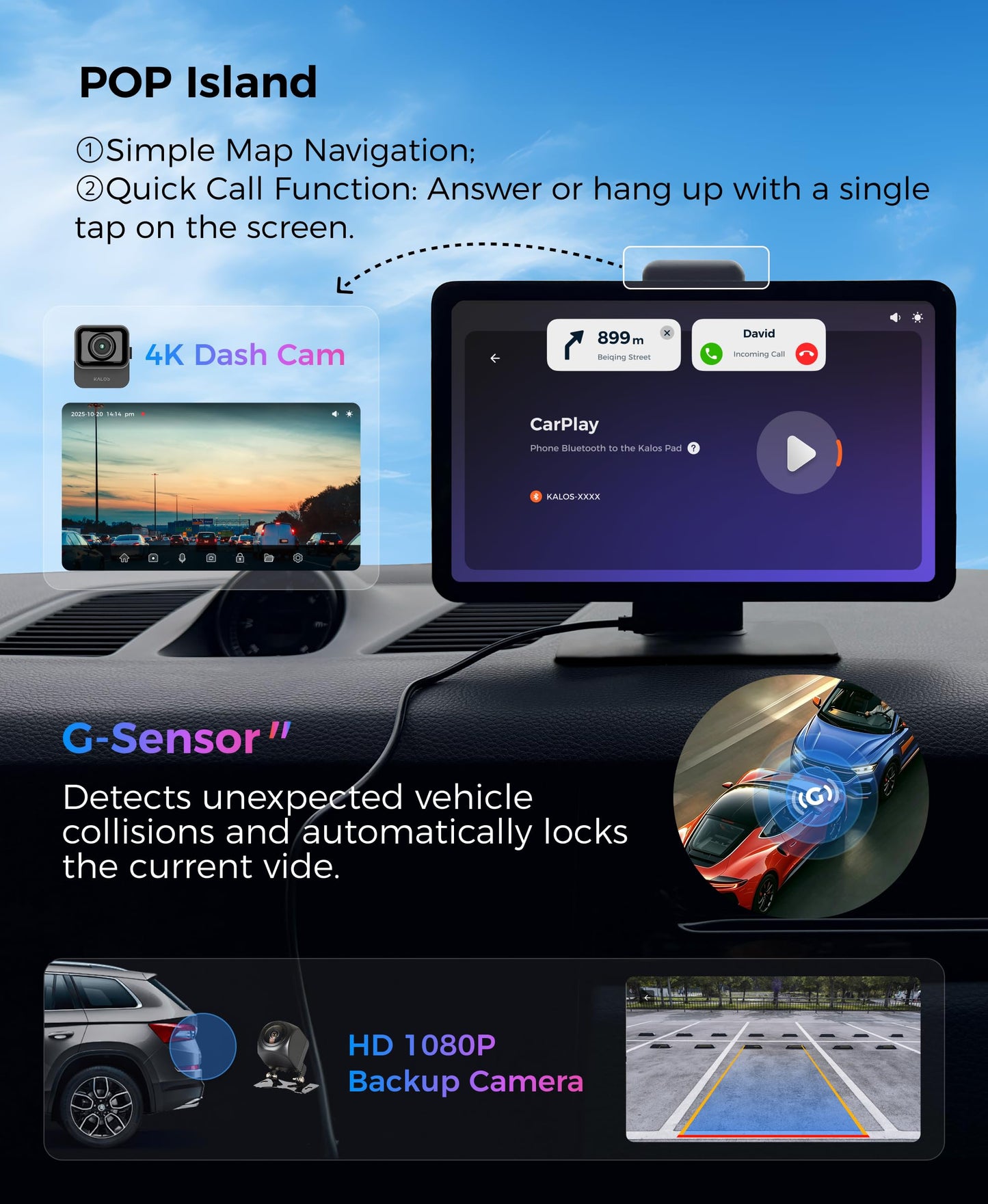 KALOS PAD Wireless Carplay Screen for Car 4K Dash Cam, 9" Carplay & Android Auto Car Stereo, with 1080p Backup Camera, BOE LCD/Mirror Link/Gesture