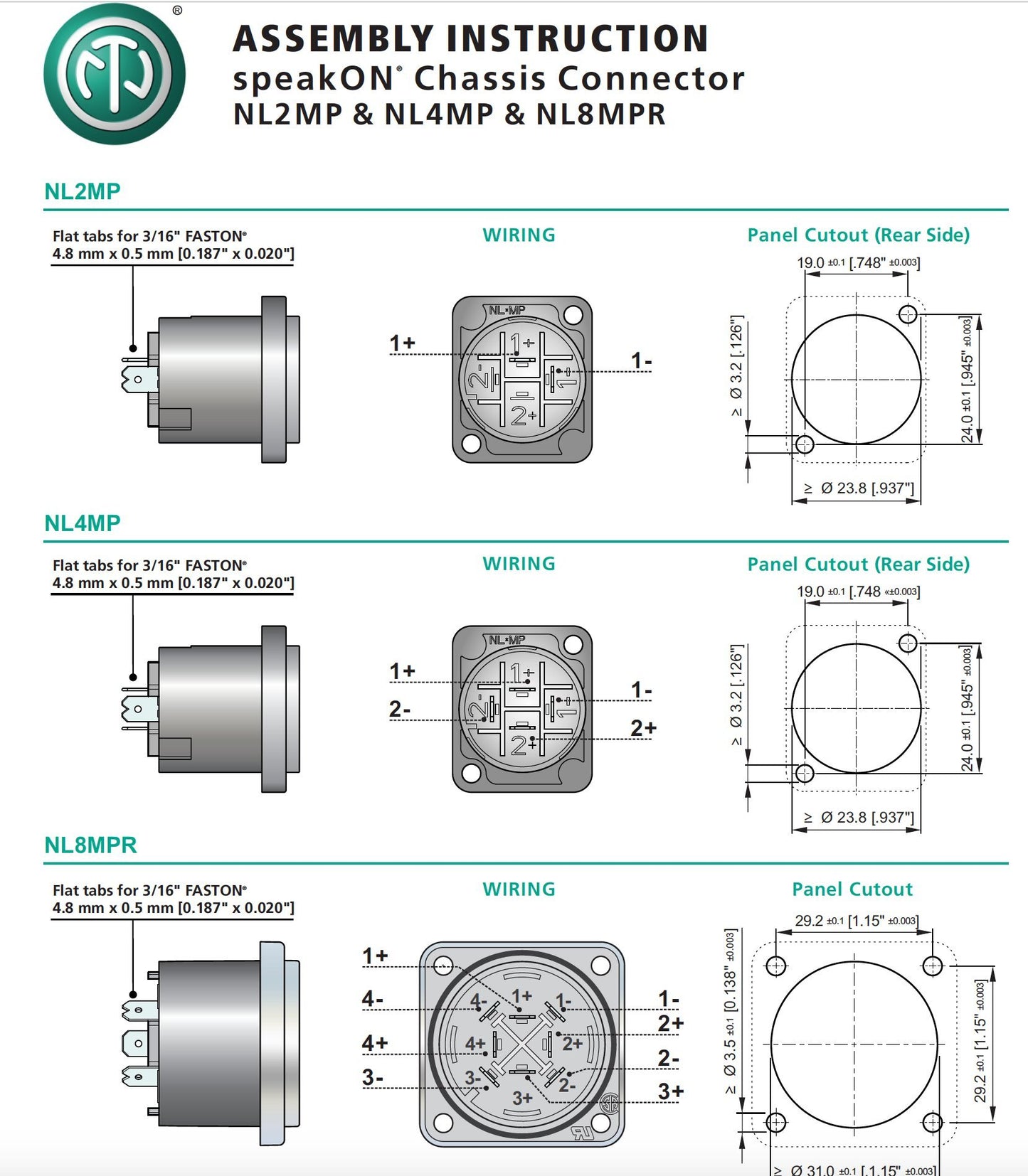Neutrik NL4MP ( PACK OF 4) SPEAKON PANEL MOUNT ORIGINAL PATENTED "D" Chassis Mounting