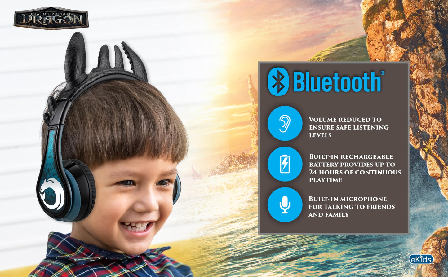 eKids How to Train Your Dragon Bluetooth Headphones with Microphone, Toothless Wireless Headphones Include Aux Cord, Earphones for School, Home, or…
