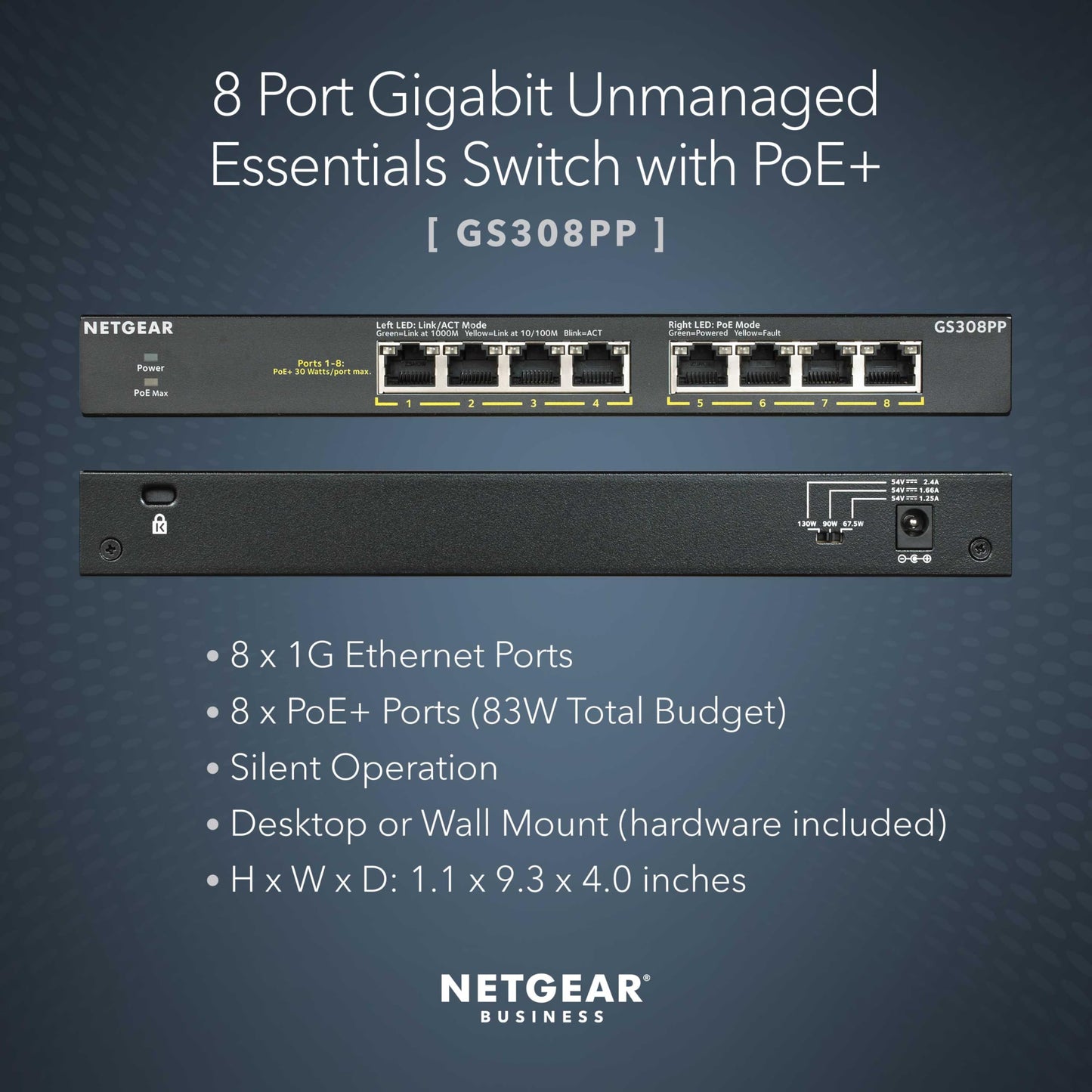 NETGEAR 8-Port PoE+ Gigabit Ethernet Unmanaged Essentials Switch (GS308PP) - with 8 x PoE+ @ 83W, Desktop or Wall Mount