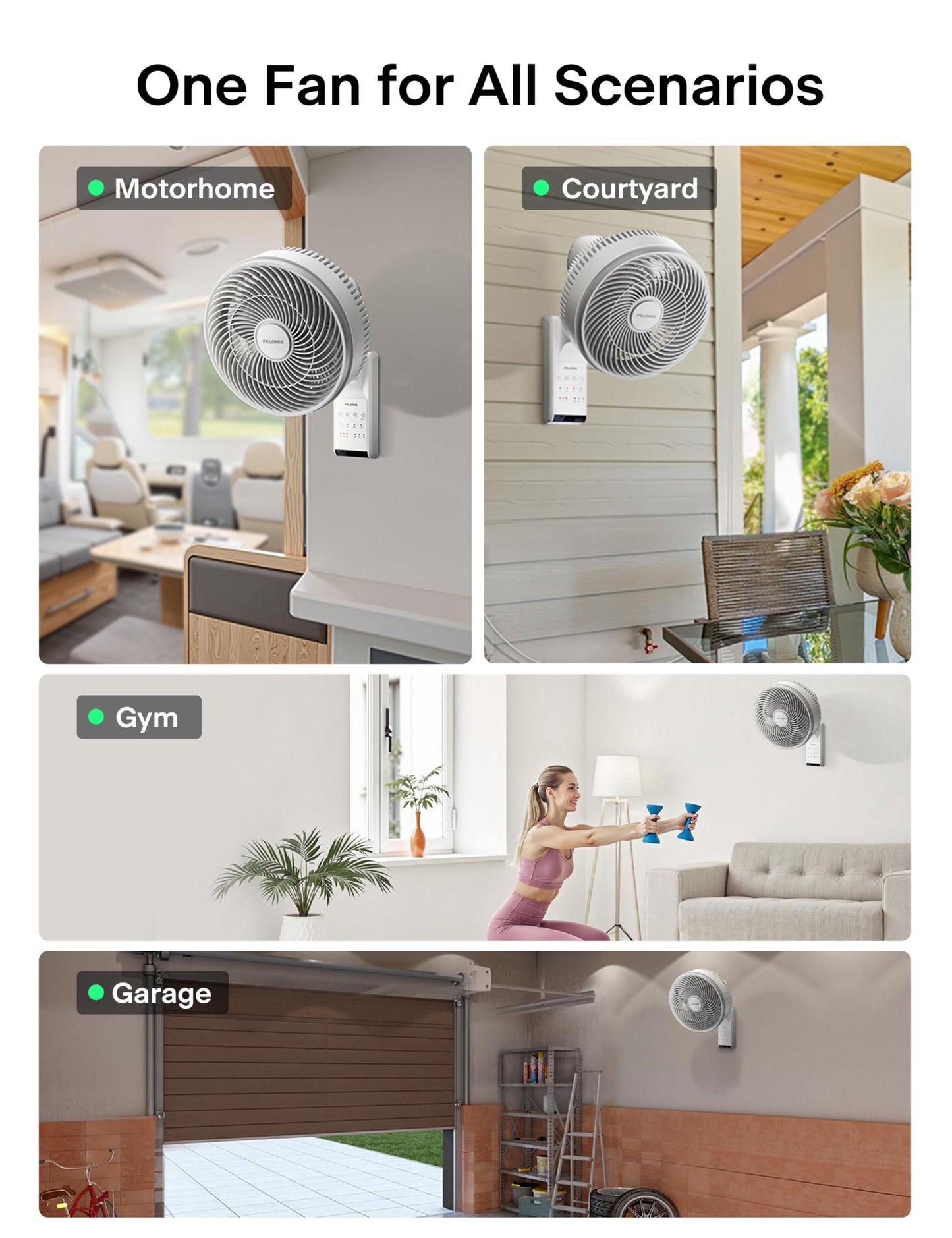 PELONIS 14 inch Wall Mount Fan with Remote Control, Osicllating Fan with 26ft Powerful Airflow, 3 Speed & 3 Modes, Auto 90° Horizontal & 68° Vertical