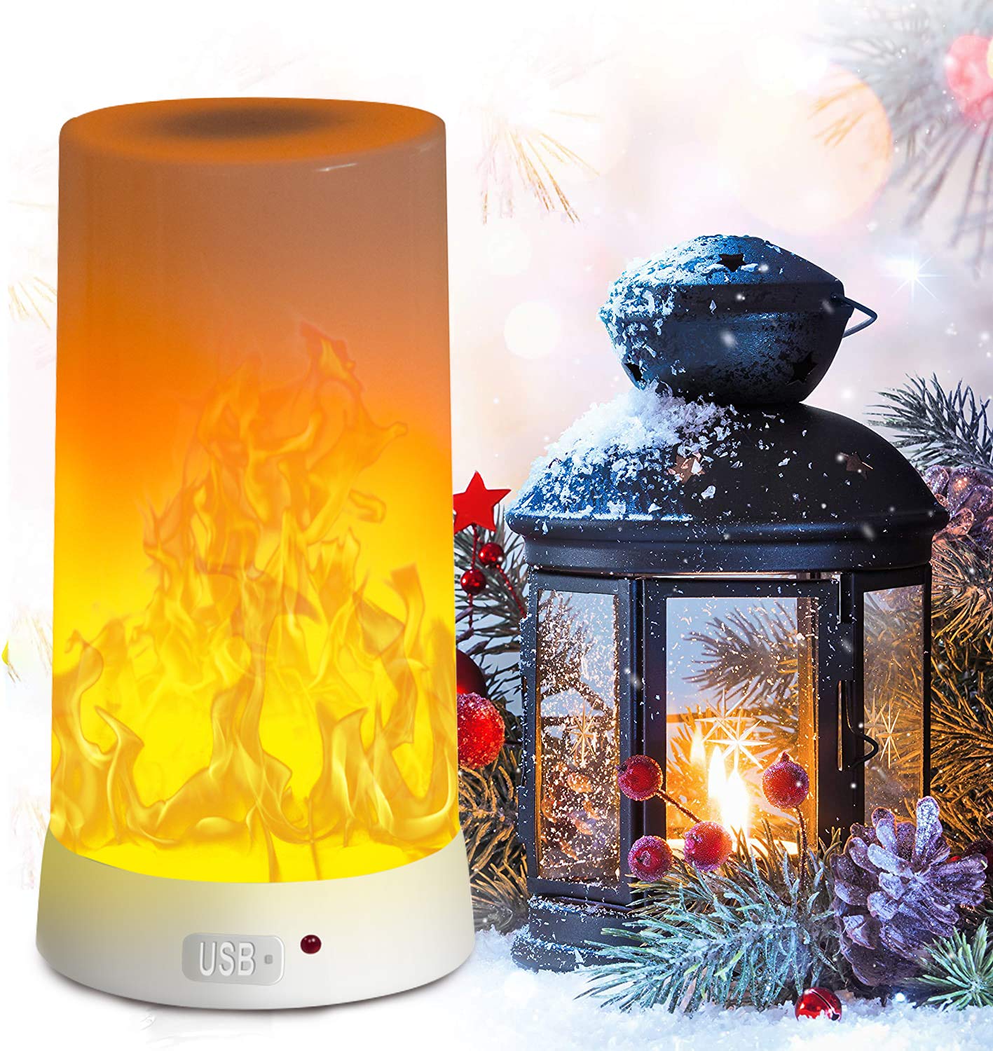PDGROW LED Flame Effect Light, Flame Lamp 4 Modes USB Rechargeable Fire Lights Indoor Campfire Outdoor Decorative Lantern Hanging Lamps Fireplace