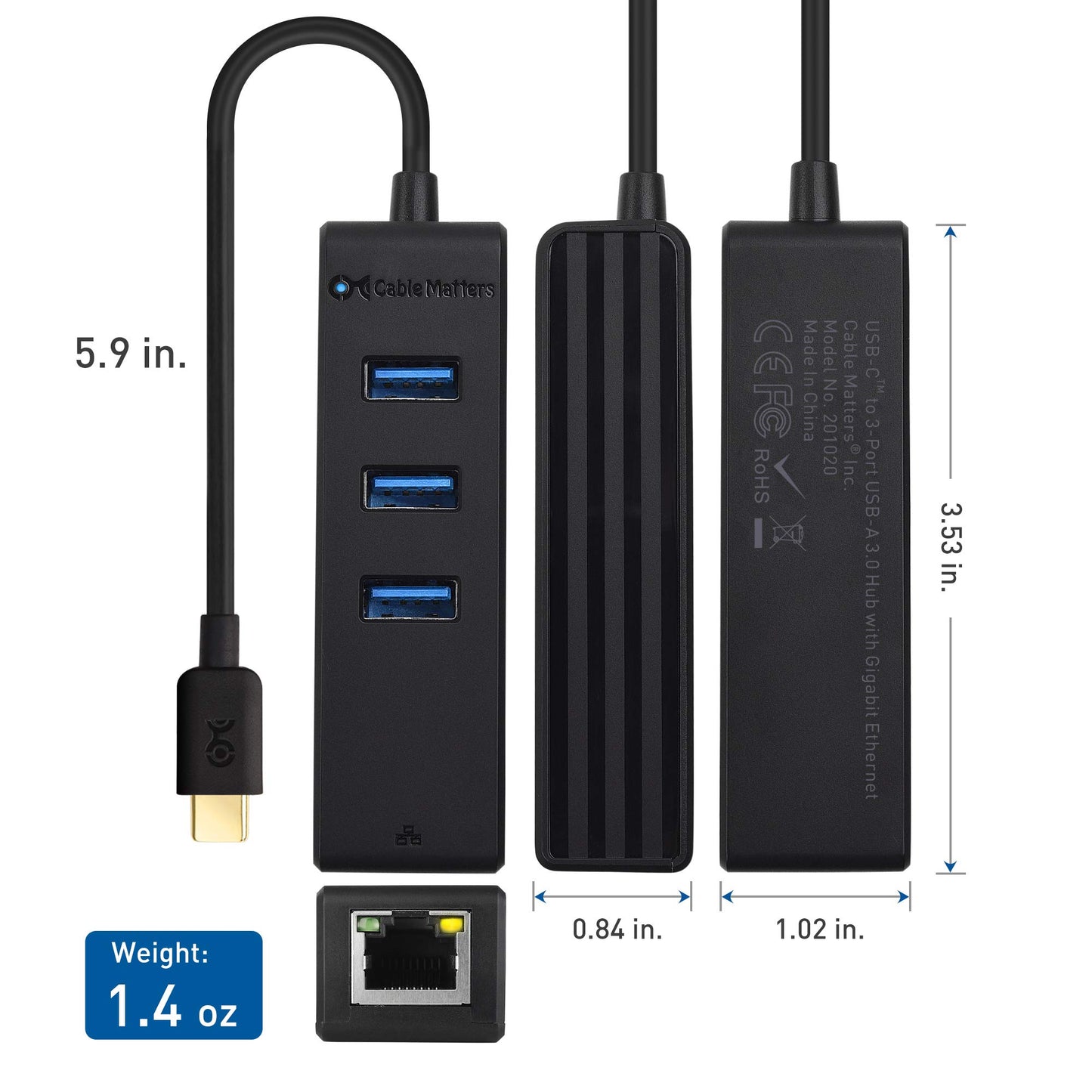 Cable Matters 4-in-1 USB C Hub with Gigabit Ethernet, Black