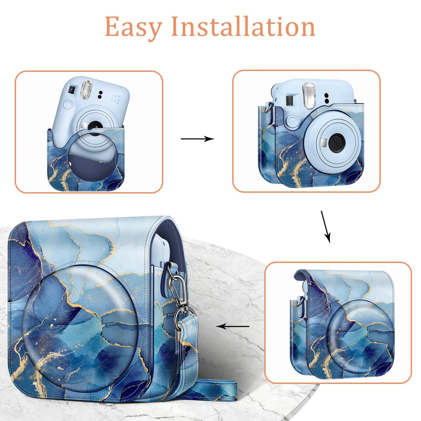 Fintie Protective Case for Fujifilm Instax Mini 12 Instant Camera - Premium Vegan Leather Bag Cover with Removable Adjustable Strap, Ocean Marble