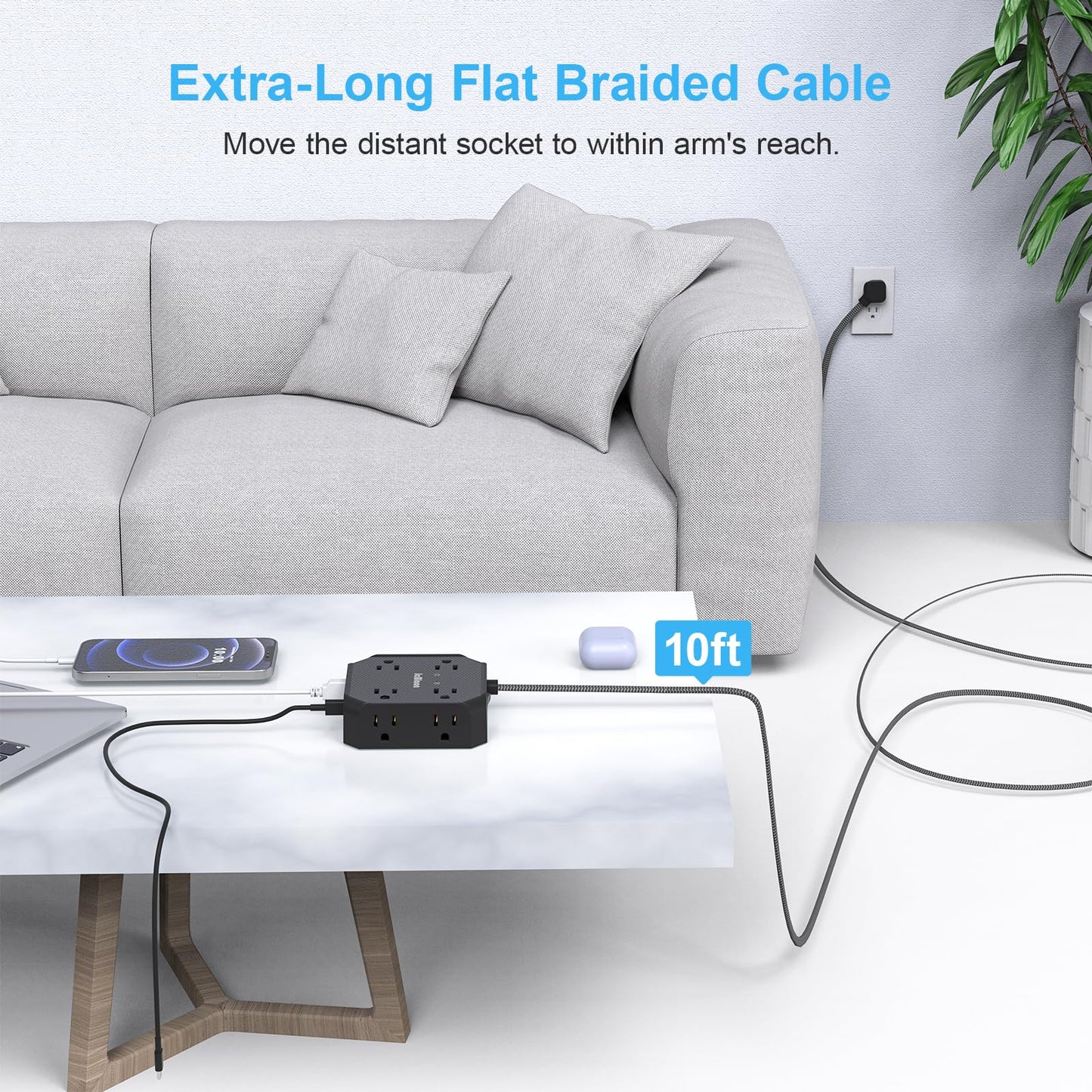 10FT Surge Protector Power Strip, Braided Extension Cord, 8 Outlets 4 USB Ports(2 USB C), Flat Plug Power Strip, USB Desktop Charging Station