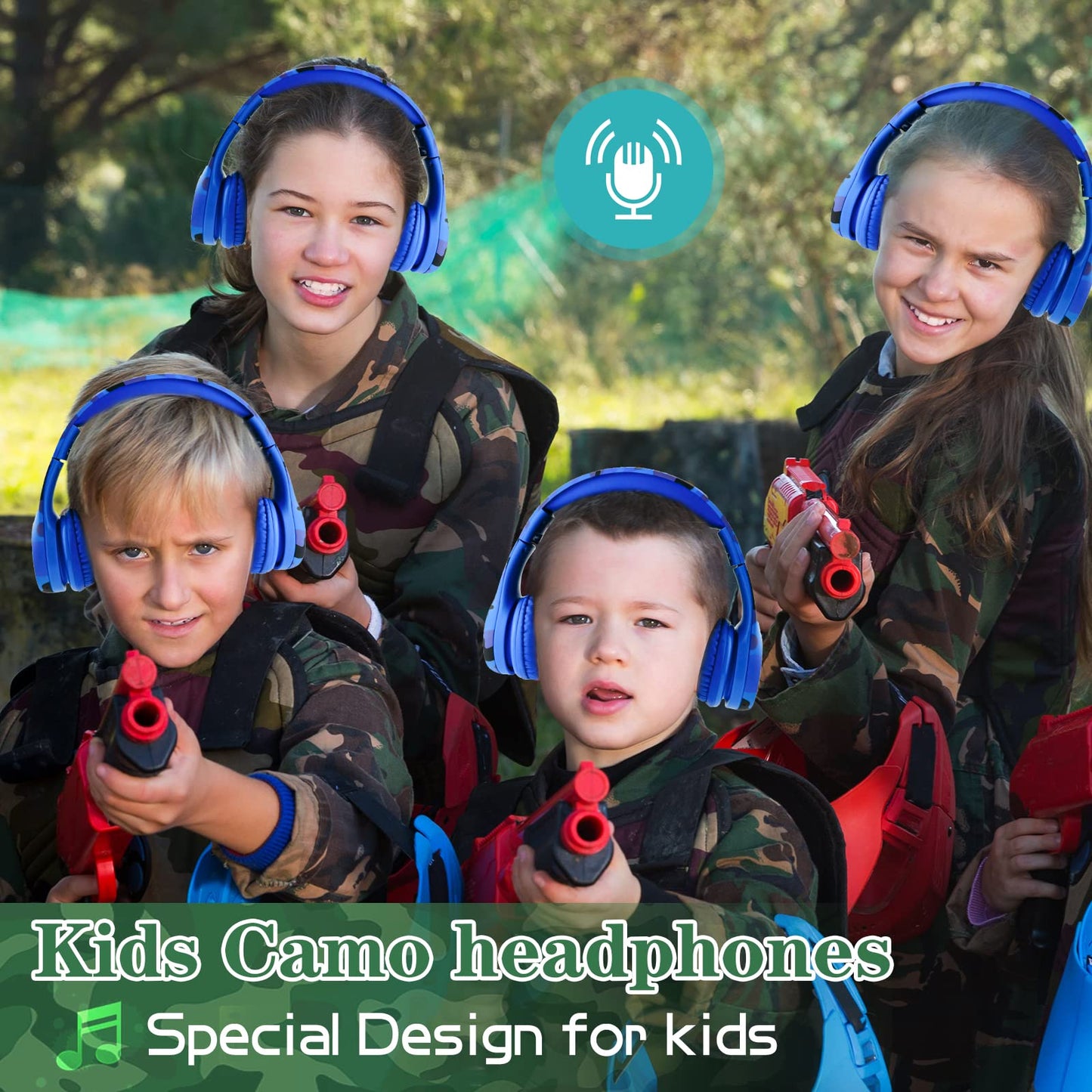 YUSONIC Toddler Headphones Wireless,Kids camo Bluetooth Headphones, 5 Button Easy Use, 93db Foldable with Built-in Mic for Cell Phones TV Tablet…