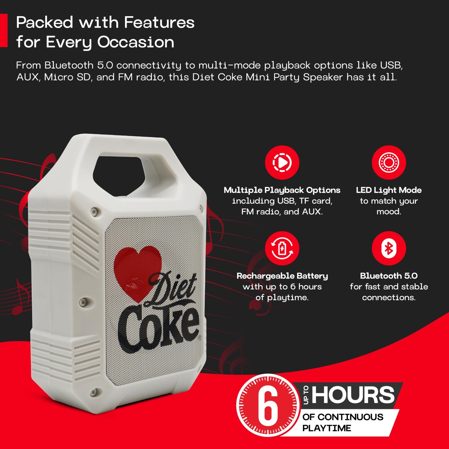 Diet Coke Portable Bluetooth 5.4 Speaker with Handle, Dual 5W Speakers, Multi-Connectivity (AUX/USB/MicroSD/FM), Hands-Free Calling, Lightweight