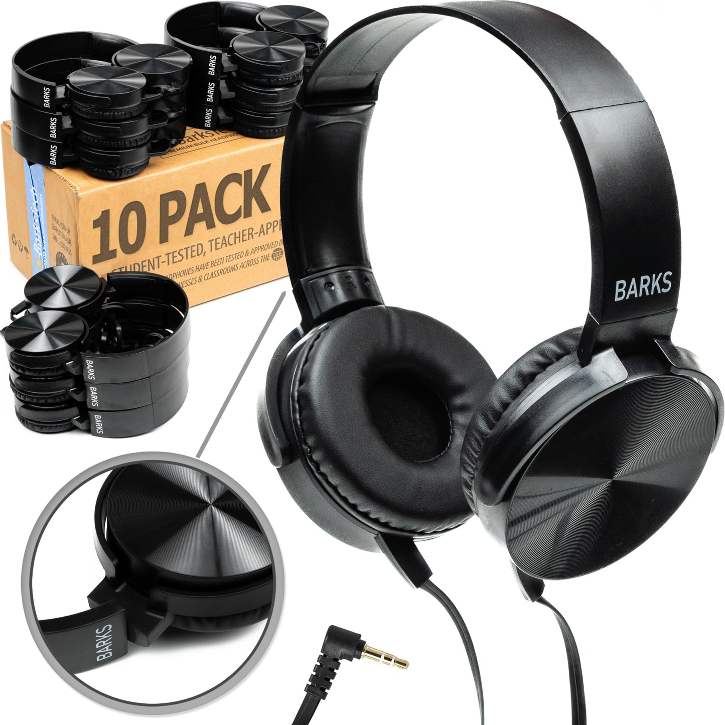 Barks Classroom Headphones Bulk 10 Pack (Select Black, On-Ear, Wired 3.5mm)