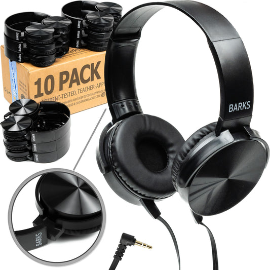 Barks Classroom Headphones Bulk 10 Pack (Select Black, On-Ear, Wired 3.5mm)