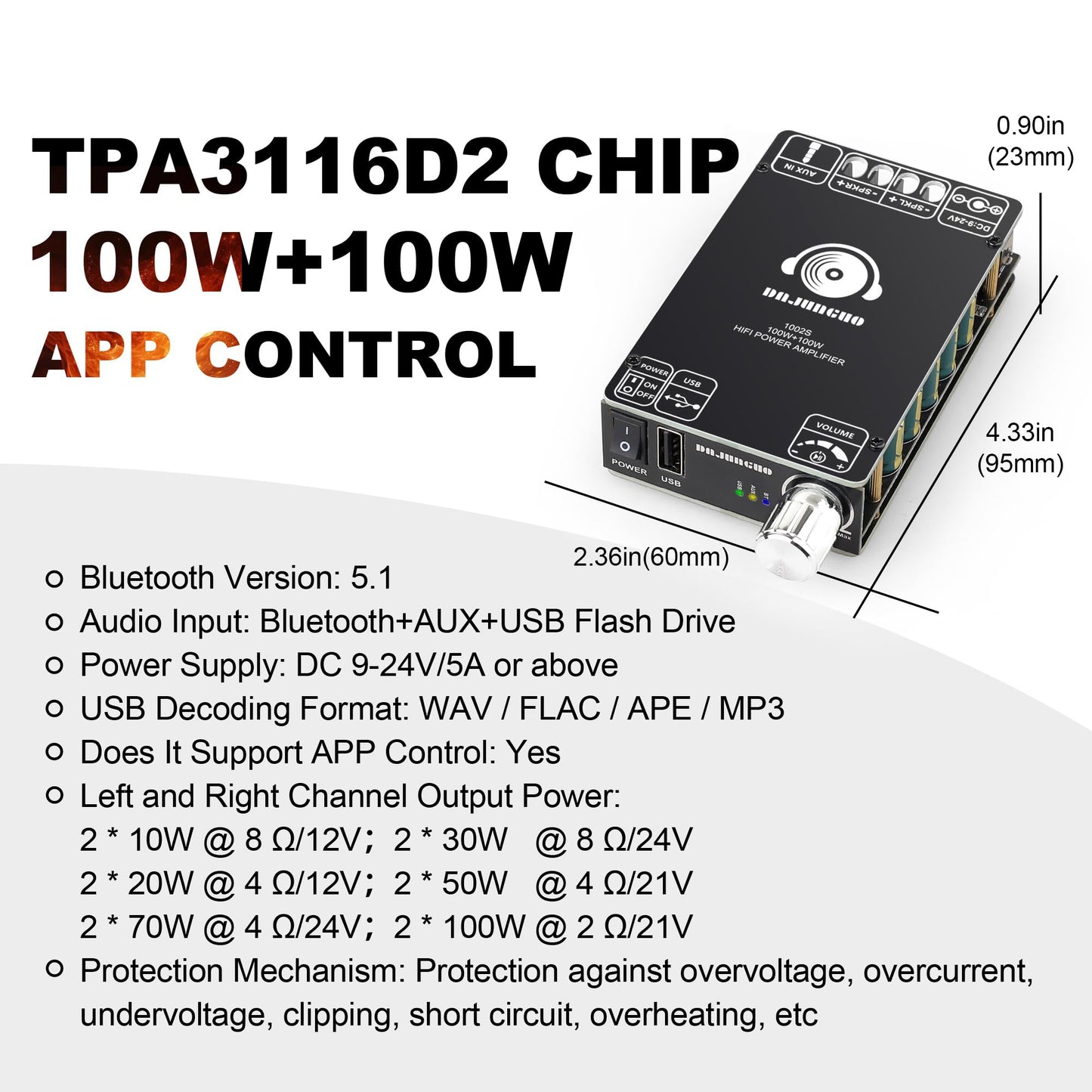1002S 2.0 Channel Bluetooth Amplifier Board with Dual TPA3116D2 Chips, 100W+100W Amp Board Bluetooth/USB/3.5mm AUX Input