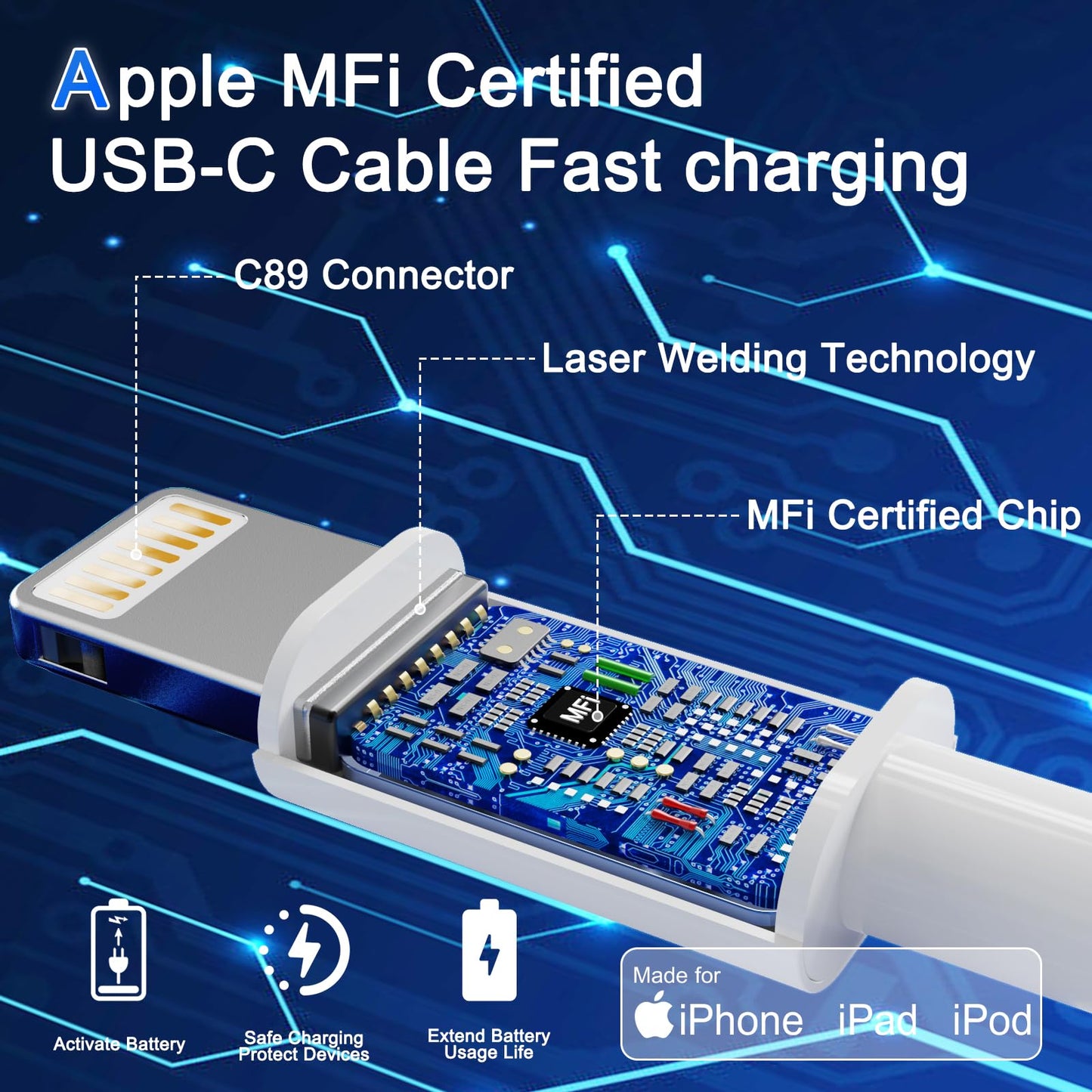 Fast Car Charger and Carplay Cable, 48W Dual Port USB A and USB C Car Charger Adapter with 2Pack High Speed Charging L ightning Cable for i Phone