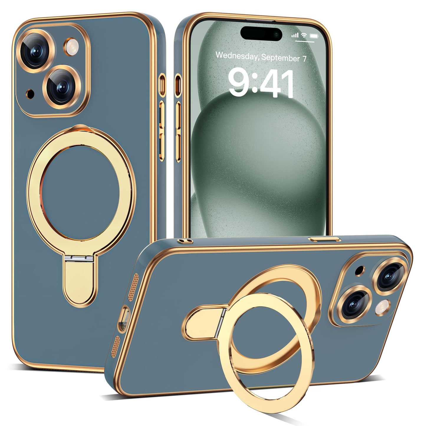 ETPESOK Compatible with iPhone 15 Case with Magnetic Ring Stand [Compatible with Mag-Safe] [Full Camera Lens Protector] Soft Plating Phone Case