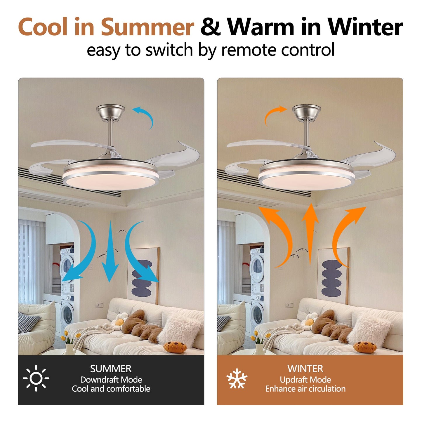 Ouimico 42 Inch Retractable Ceiling Fan with Light and Remote, Modern Invisible Ceiling Fan, 6-Speed Reversible DC Motor, Dimmable 3 Color LED, Quiet