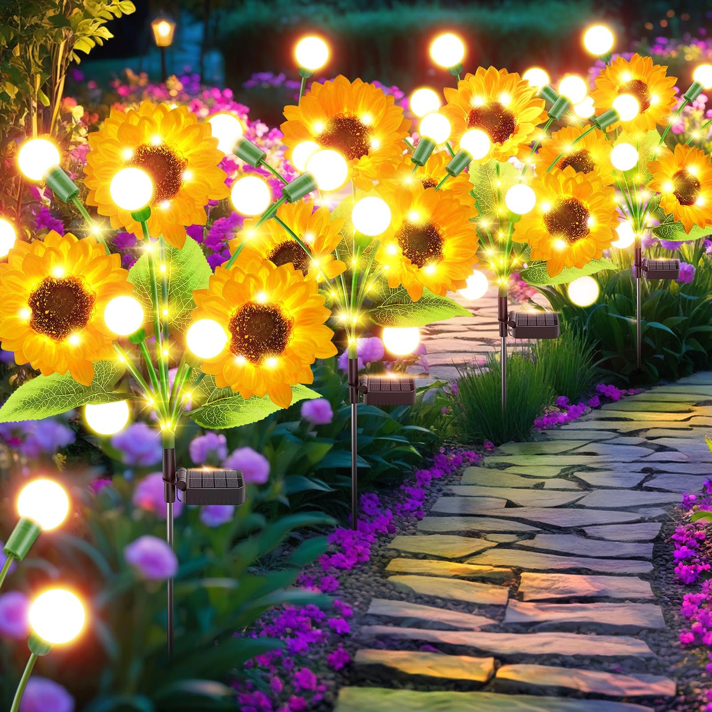 Garpar Solar Garden Lights, Upgraded 8 Pack Bigger Solar Sunflowers with Swaying Firefly Lights, Brighter Waterproof Solar Outdoor Lights for Yard
