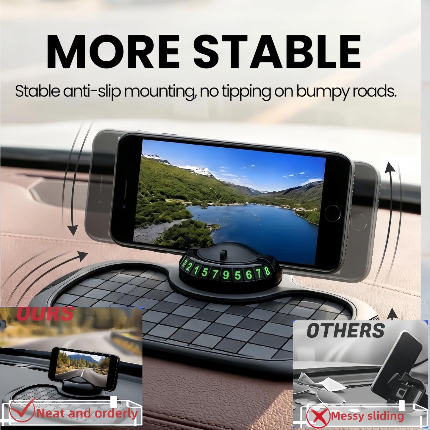 Vilhunase Multifunctional Car Anti-Slip Mat 360° Rotatable Phone Holder Hidden Temporary Parking Number Plate Anti-Slip and Storage Mat(Black-Gray