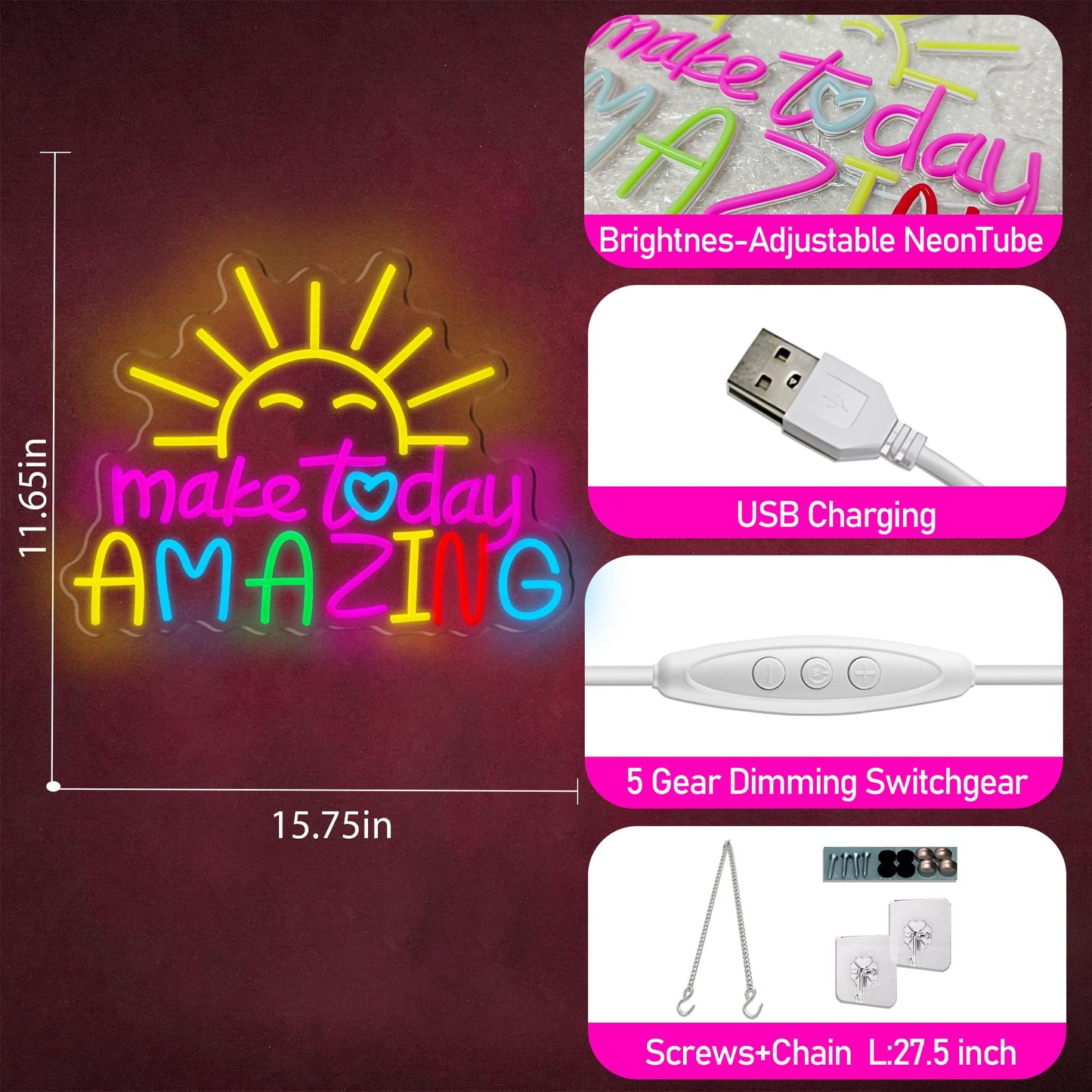 Make Today Amazing Neon Sign, Cool Sunrise Dimmable Neon Light Up Inspirational Slogan Boho Hanging Wall Art Decor LED Sign for Dormitory Room Cafe
