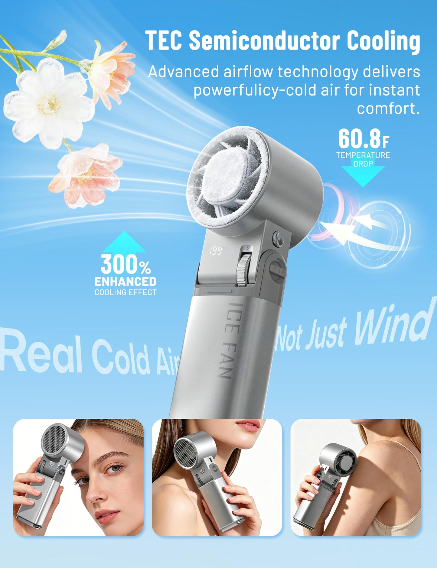 Polvntrd Portable Handheld Fan, Ice Cooling Plate, Cold Air Rechargeable AC