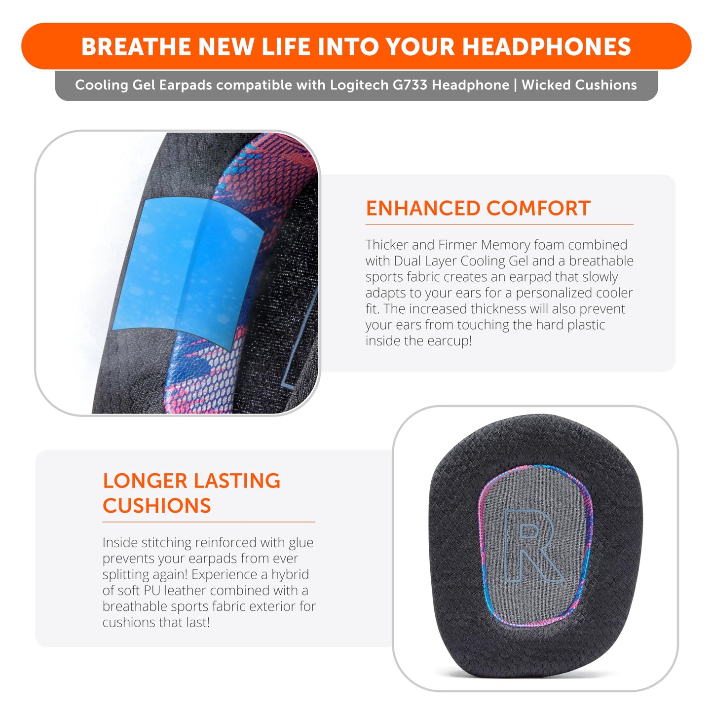 WC Freeze G733 - Cooling Gel Earpads for Logitech G733 Headphones by Wicked Cushions | Enhanced Comfort & Thickness with Cooling Gel Technology